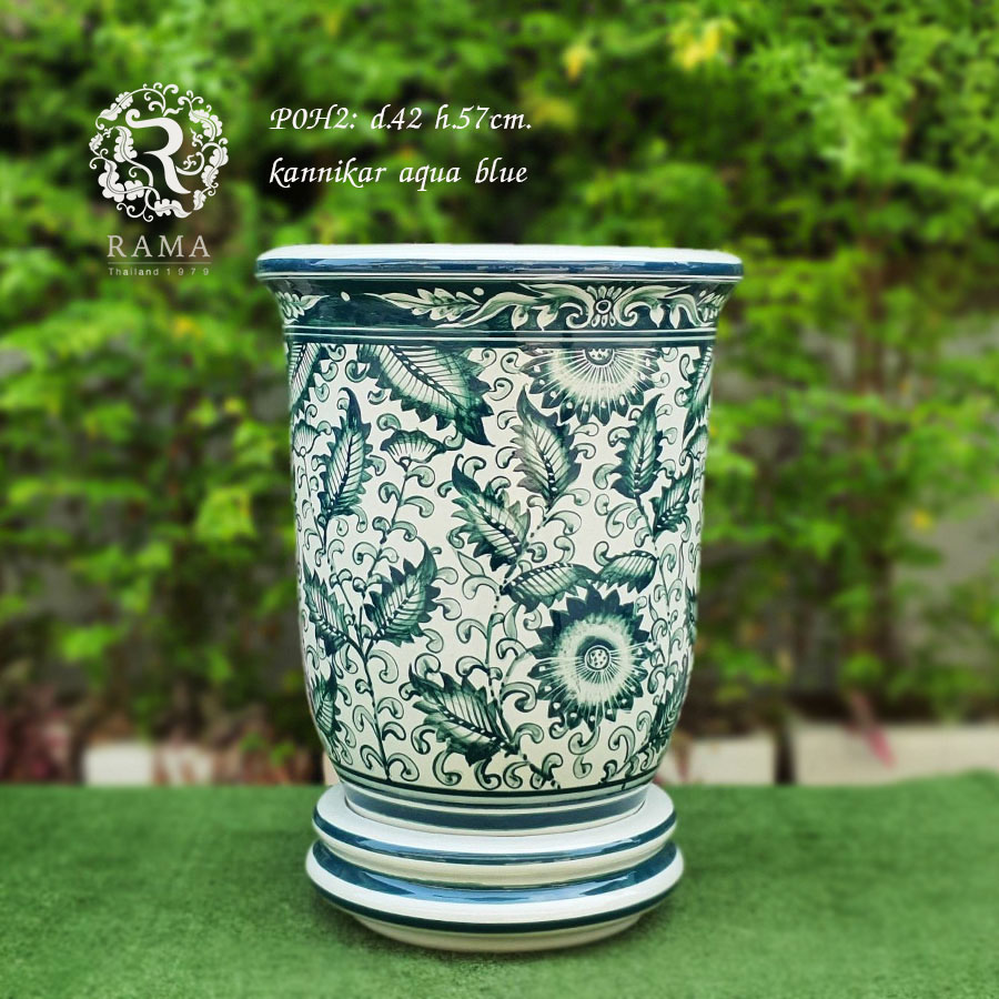 กระถางทรงสูง P0H2 พร้อมถาดรอง ลายกรรณิการ์สี aqua blue