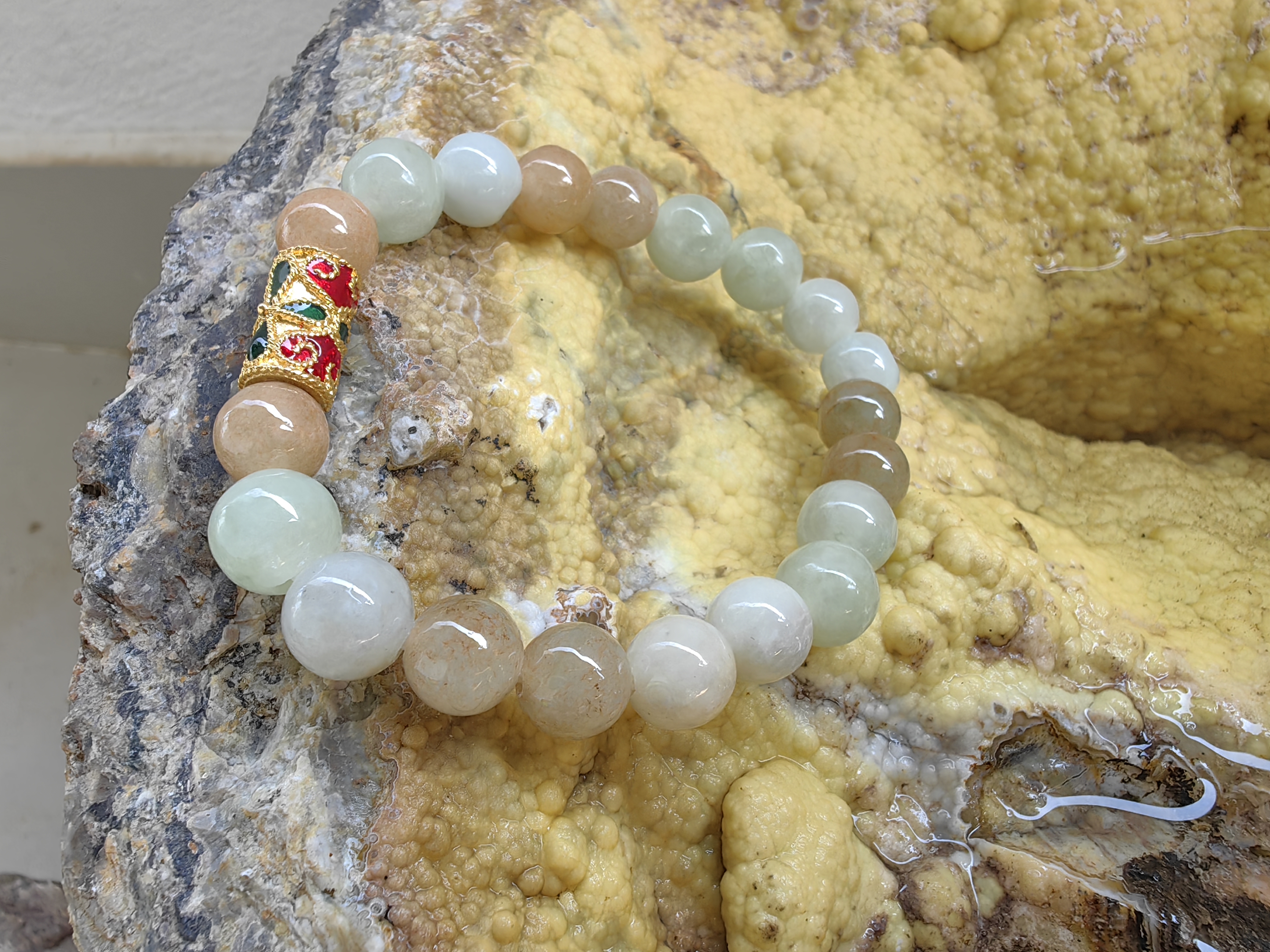 Burmese Jadeite Bracelets Thai Enamel Gold plated 7 mm. สร้อยข้อมือหยกพม่า ลงยาสุโขทัย กลม 7 มม. Free Size