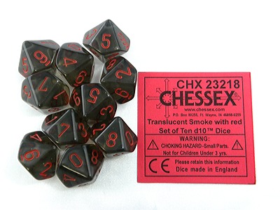 [ลูกเต๋า] Chessex: Smoke w/red numbers Translucent d10 Set (10)