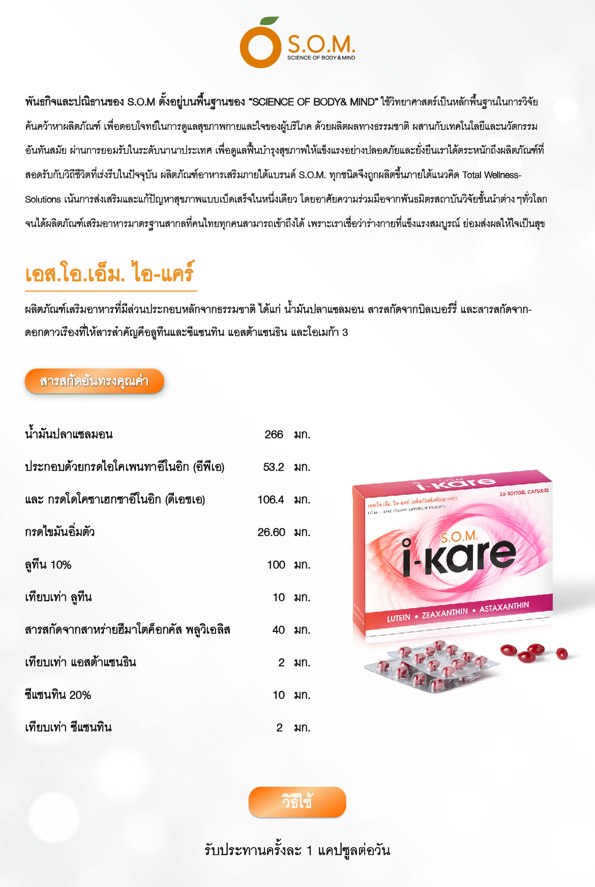 S.O.M. i-Kare อาหารเสริมบำรุงสายตา 1 กล่อง 30 แคปซูล