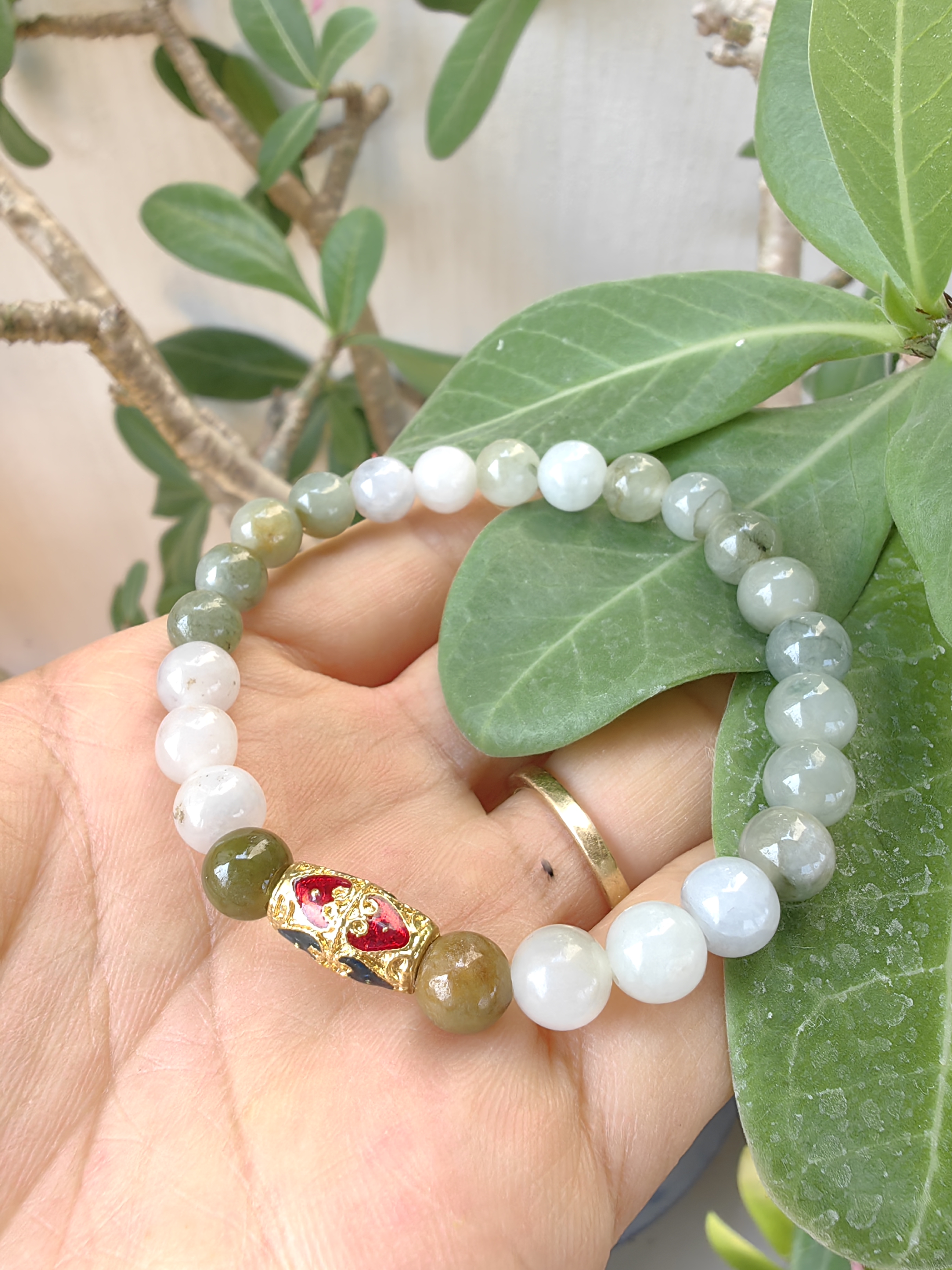 Burmese Jadeite Bracelets Thai Enamel Gold plated 7 mm. สร้อยข้อมือหยกพม่า ลงยาสุโขทัย กลม 7 มม. Free Size