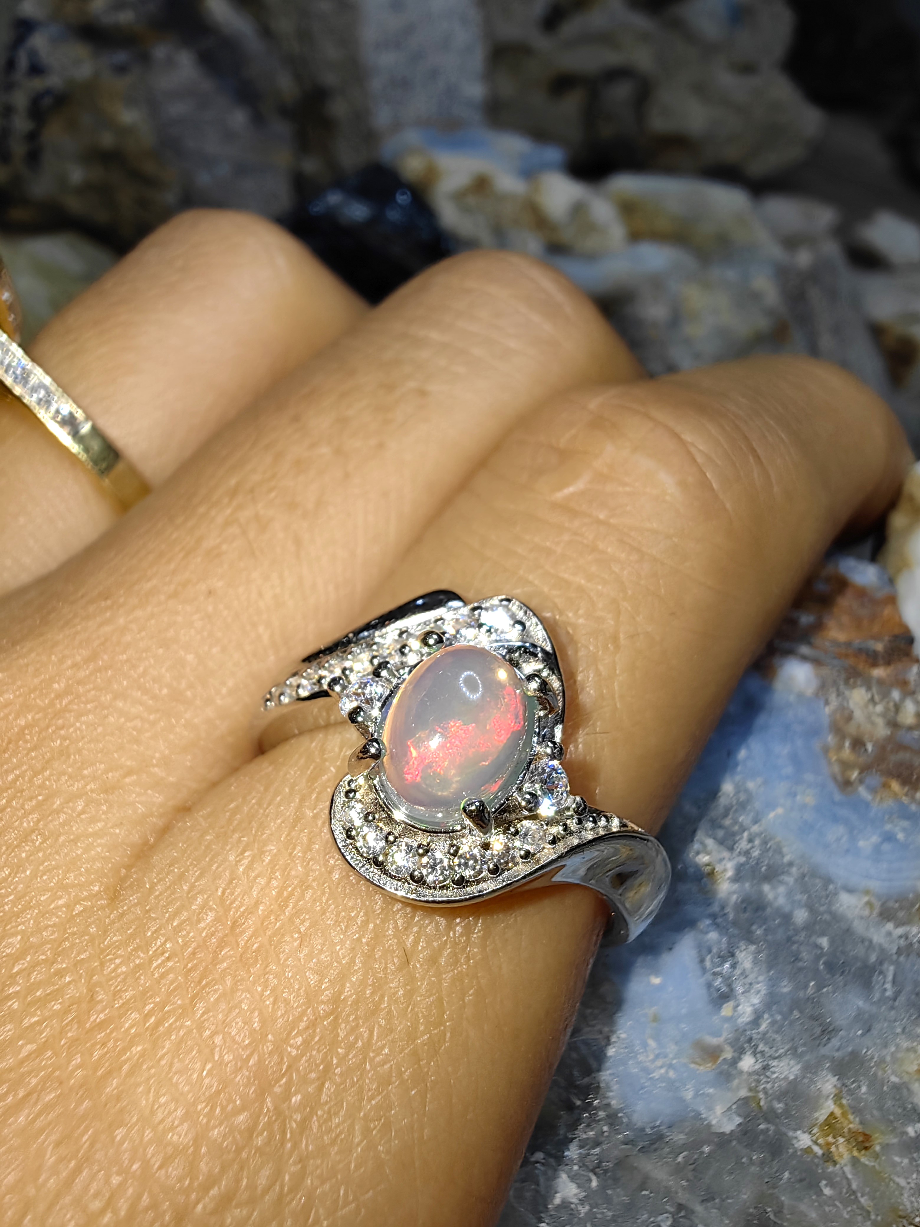 Opal, Swiss Diamond 925 Sterling Silver Ring แหวนโอปอ เพชรสวิส เงินแท้ 925 Size 54