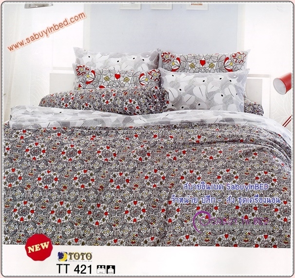 ผ้าปูที่นอนลายดอกไม้ ดอกเล็ก ๆ โทนสีดำ - แดง - TT421 - ชุดเครื่องนอนโตโต้ลายดอกไม้ TOTO ไม่มีรอยต่อ ยางยืดรัดรอบที่นอน