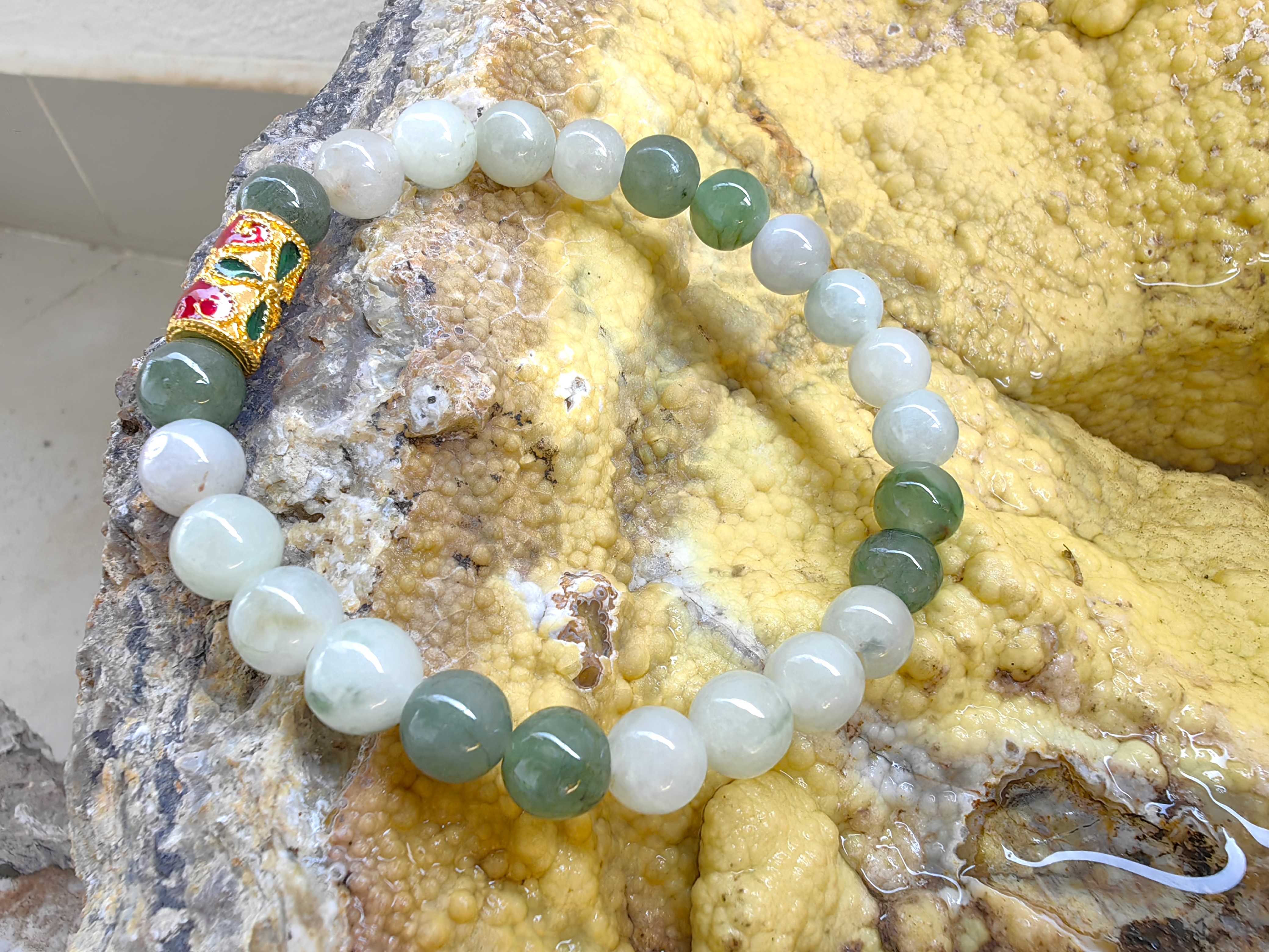 Burmese Jadeite Bracelets Thai Enamel Gold plated 8 mm. สร้อยข้อมือหยกพม่า ลงยาสุโขทัย กลม 8 มม. Free Size