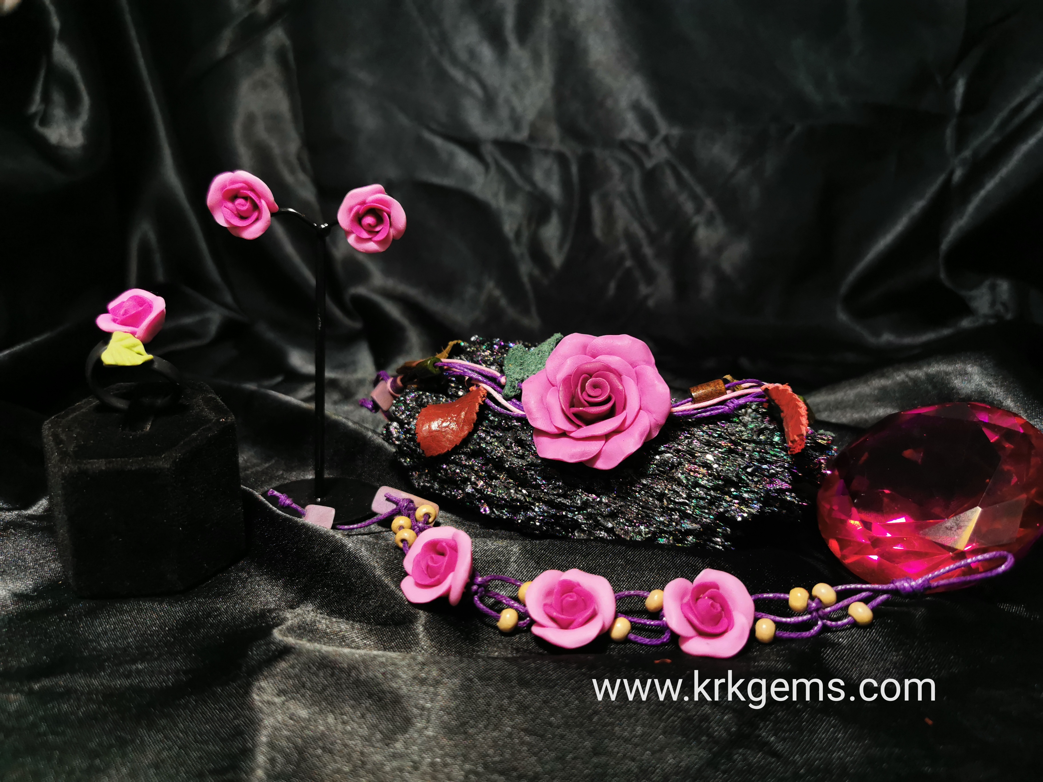 PURPLE ROSE HANDMADE CLAY NECKLACE BRACELET EARRING RING