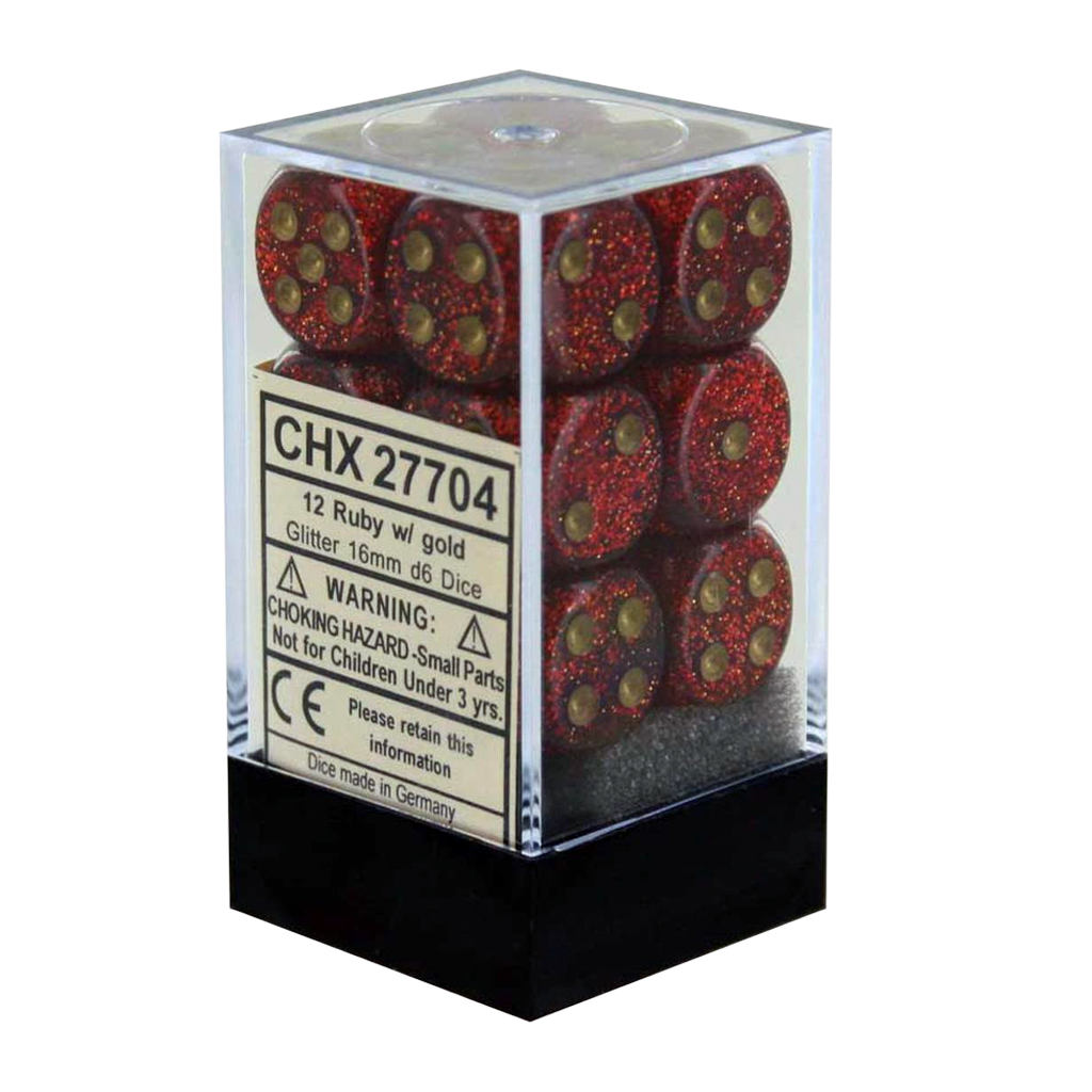 [ลูกเต๋า] Chessex: Glitter Ruby/Gold 16mm D6 (12 Dice)
