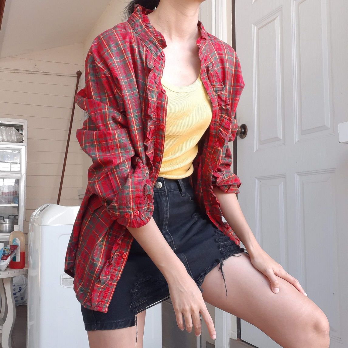 เสื้อลายสก็อตสีแดง ผ้าวิ๊งๆ