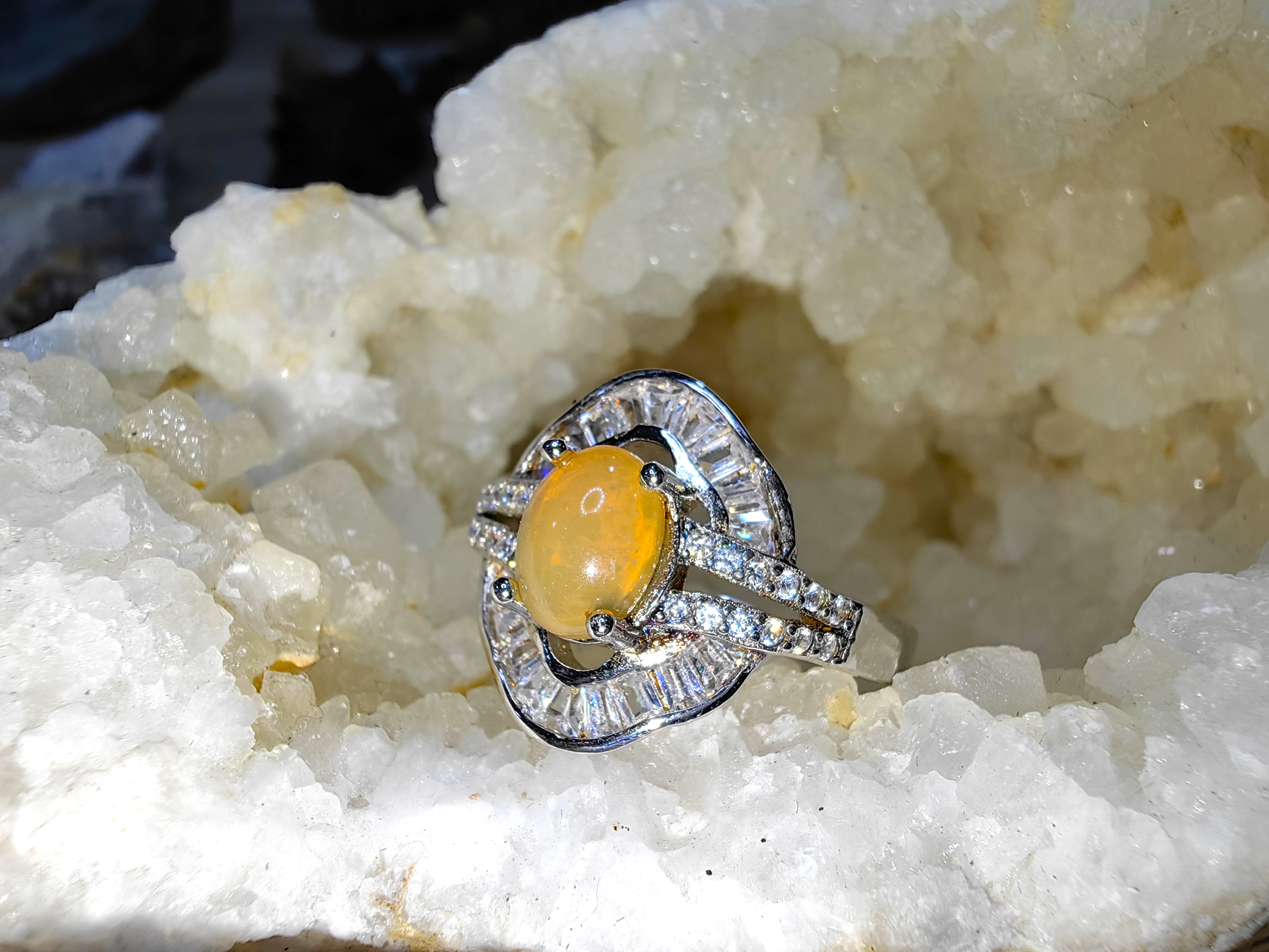 Opal, Swiss Diamond 925 Sterling Silver Ring แหวนโอปอ เพชรสวิส เงินแท้ 925 Size 52