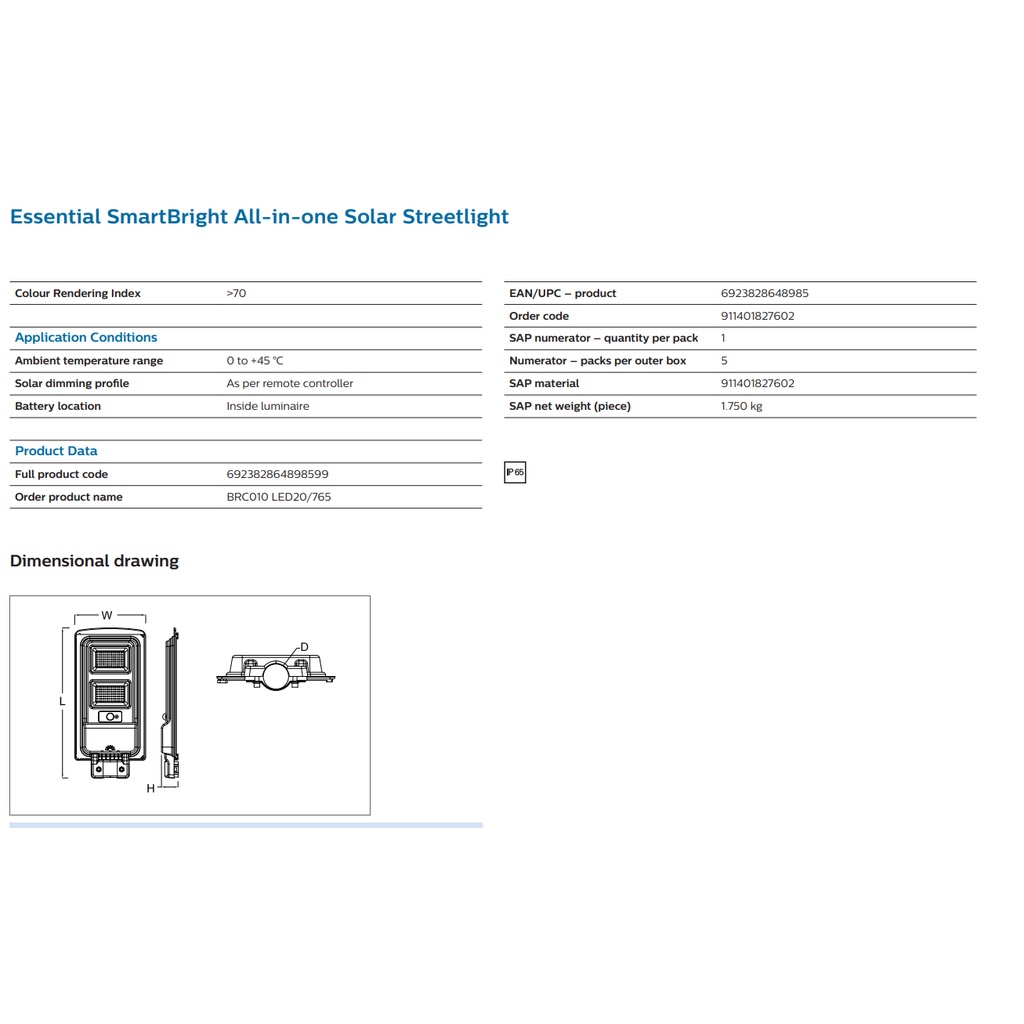 Philips โคมถนนฟิลลิป์ โซล่าเซลล์ 200 วัตต์ SmartBright Solar streetlight BRC010 200W