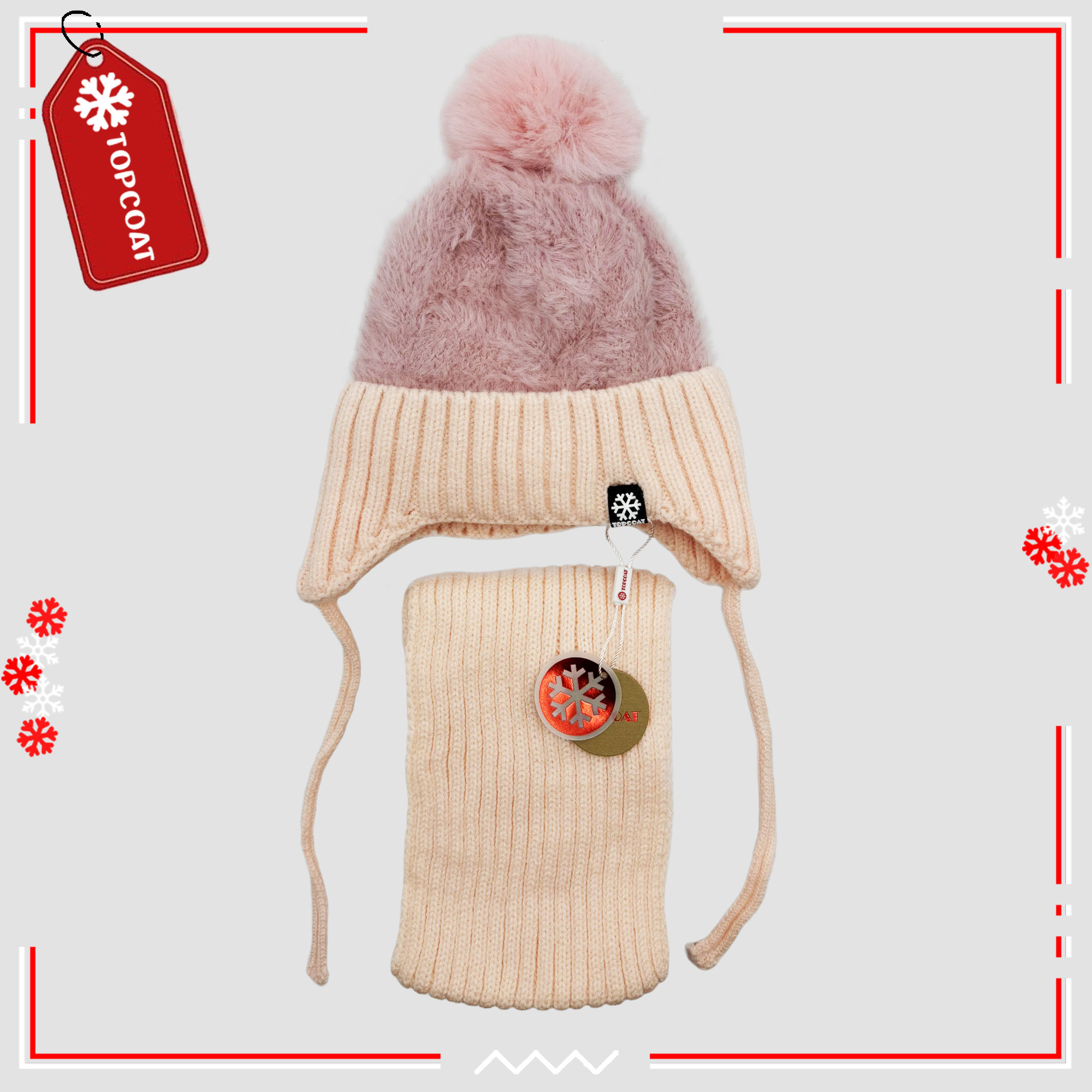 เซ็ทกันหนาวหมวกพร้อมผ้าพันคอสำหรับเด็ก ดีไซน์บุขนจุกเฟอร์ ผ้านิ่ม ใส่สบาย