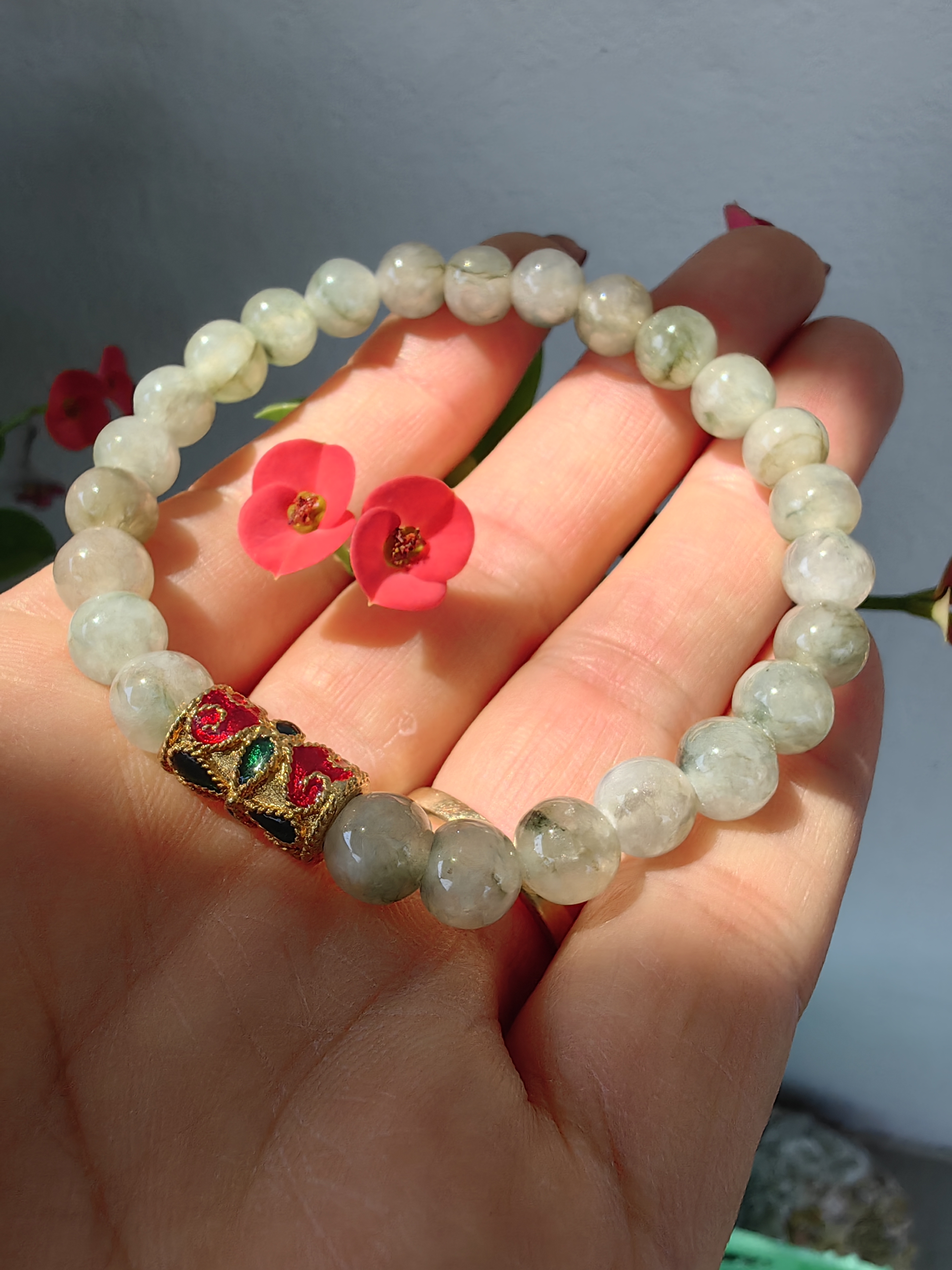 Burmese Jadeite Bracelets Thai Enamel Gold plated 7 mm. สร้อยข้อมือหยกพม่า ลงยาสุโขทัย กลม 7 มม. Free Size