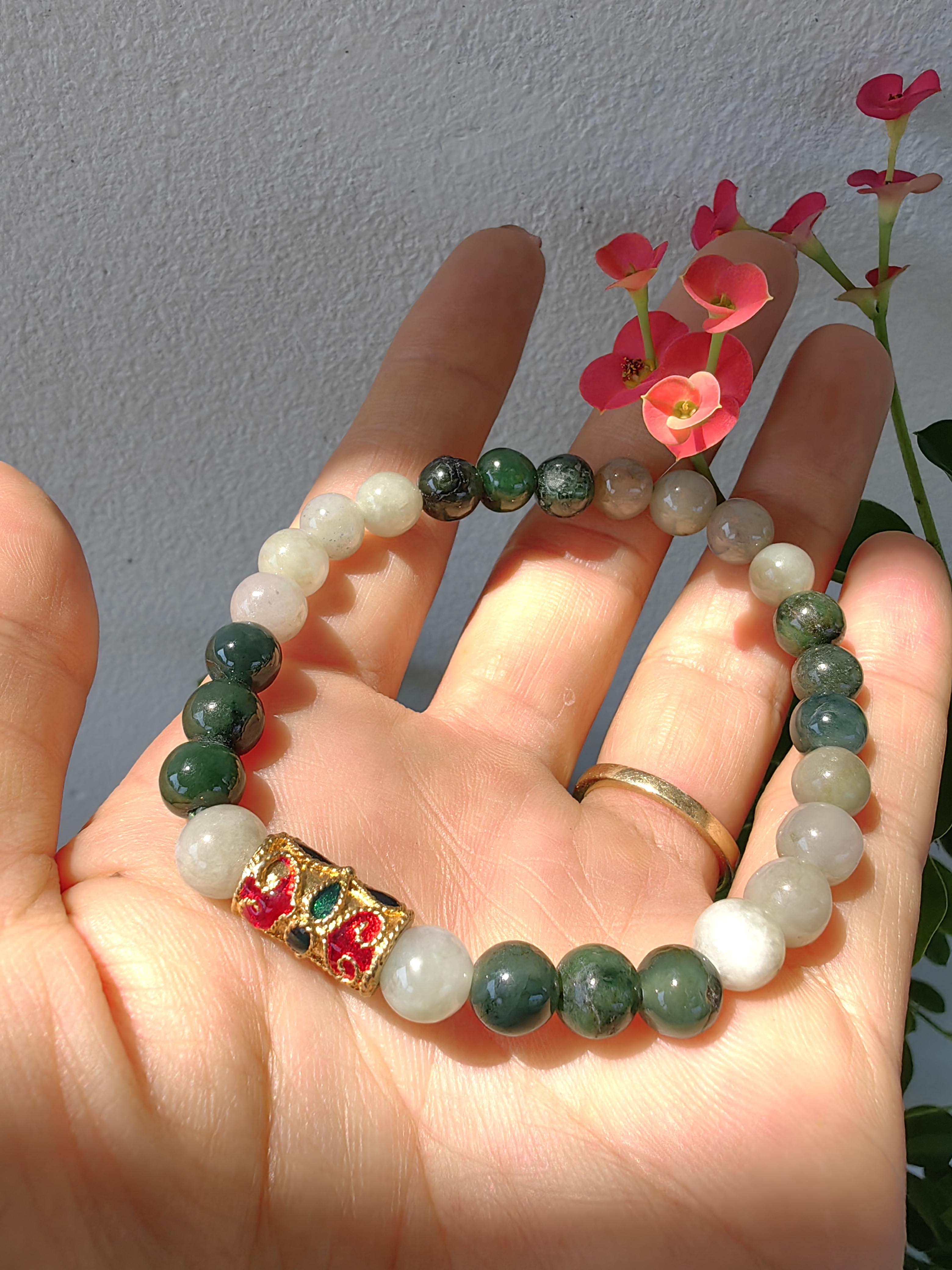Burmese Jadeite Bracelets Thai Enamel Gold plated 7 mm. สร้อยข้อมือหยกพม่า ลงยาสุโขทัย กลม 7 มม. Free Size