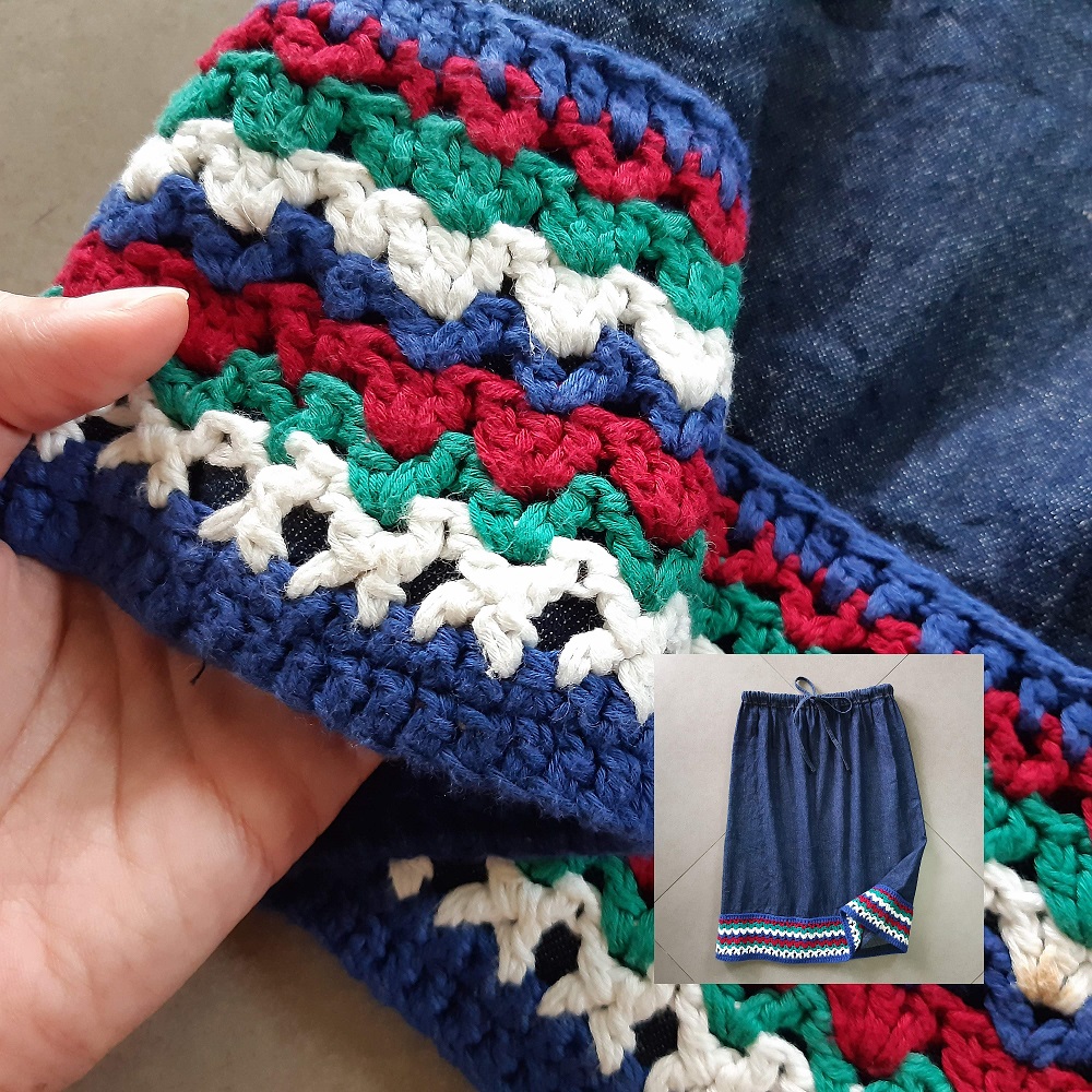 กระโปรงยีนส์สั้นทรงเอ ชายกระโปรงถักโครเชต์