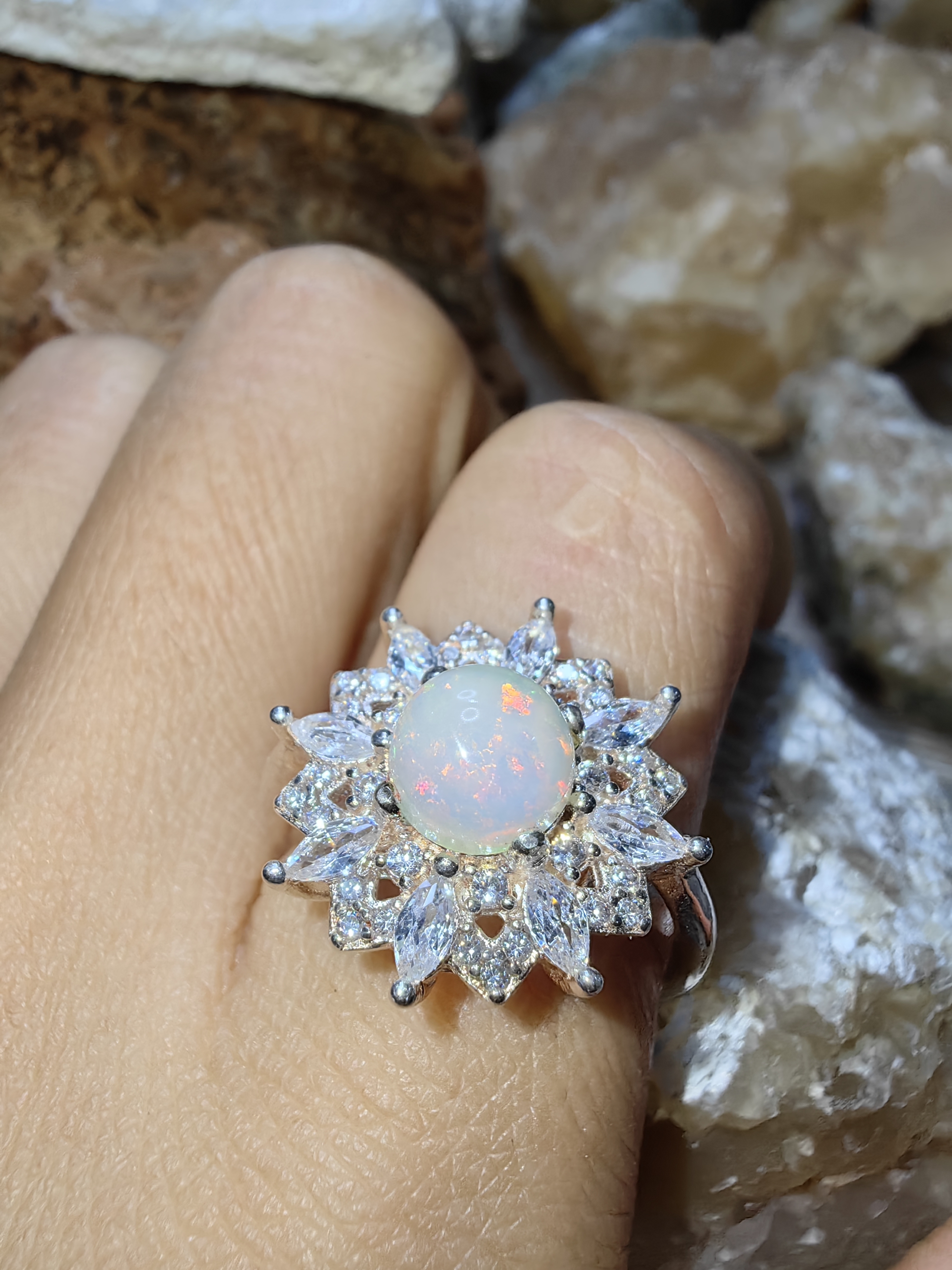 Opal, CZ 925 Sterling Silver Ring แหวนโอปอ เพชรCZ เงินแท้ 925 Size 56