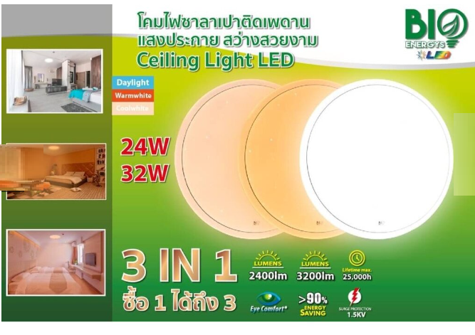 BioBulb โคมเพดานกลม LED 3 Color 32W 3แสง (เดย์ไลท์/คูลไวท์/วอร์ม) โคมเพดาน โคมซาลาเปา โคมไฟ โคม โคมกลม โคมติดเพดาน