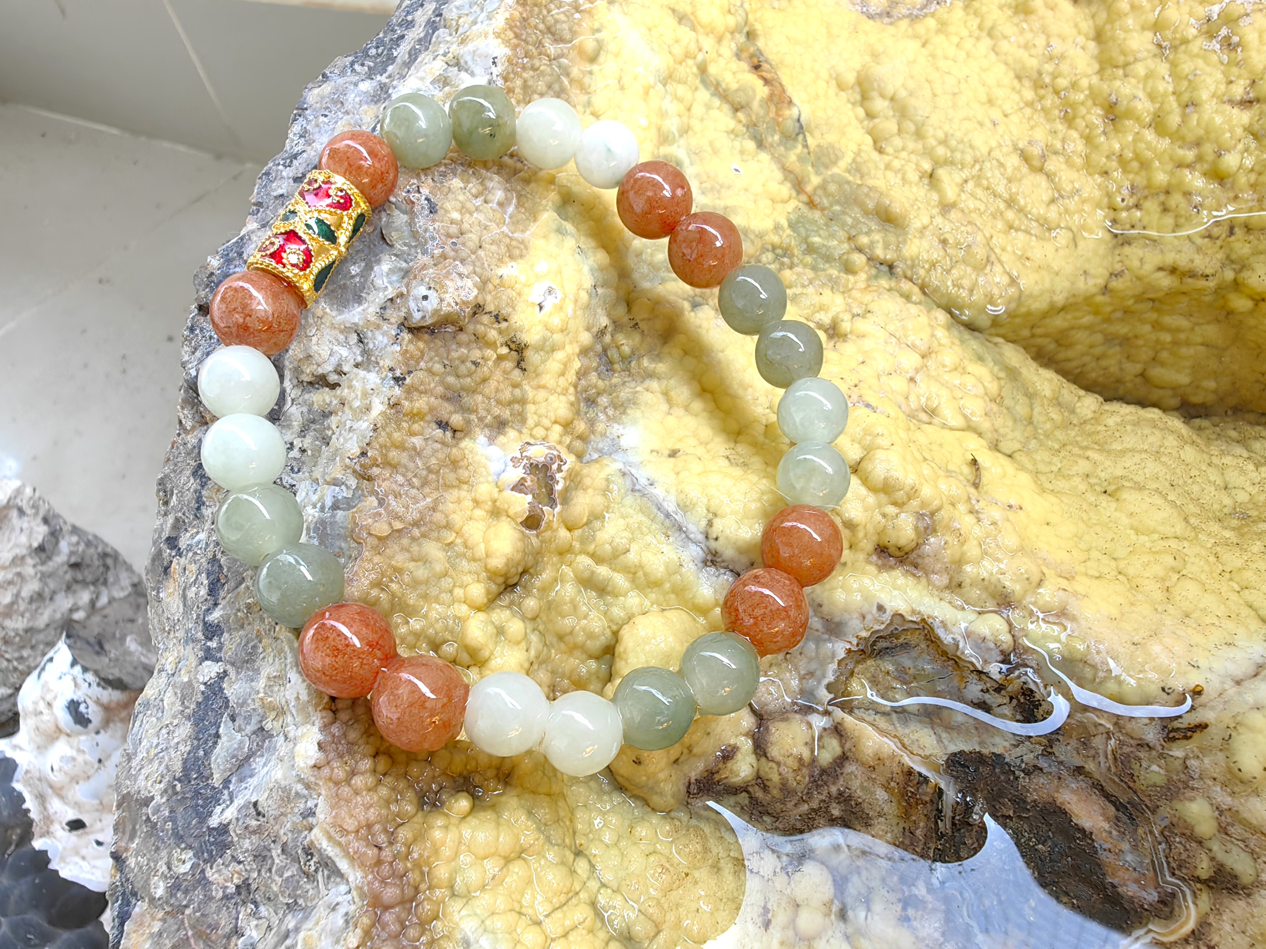 Burmese Jadeite Bracelets Thai Enamel Gold plated 8 mm. สร้อยข้อมือหยกพม่า ลงยาสุโขทัย กลม 8 มม. Free Size