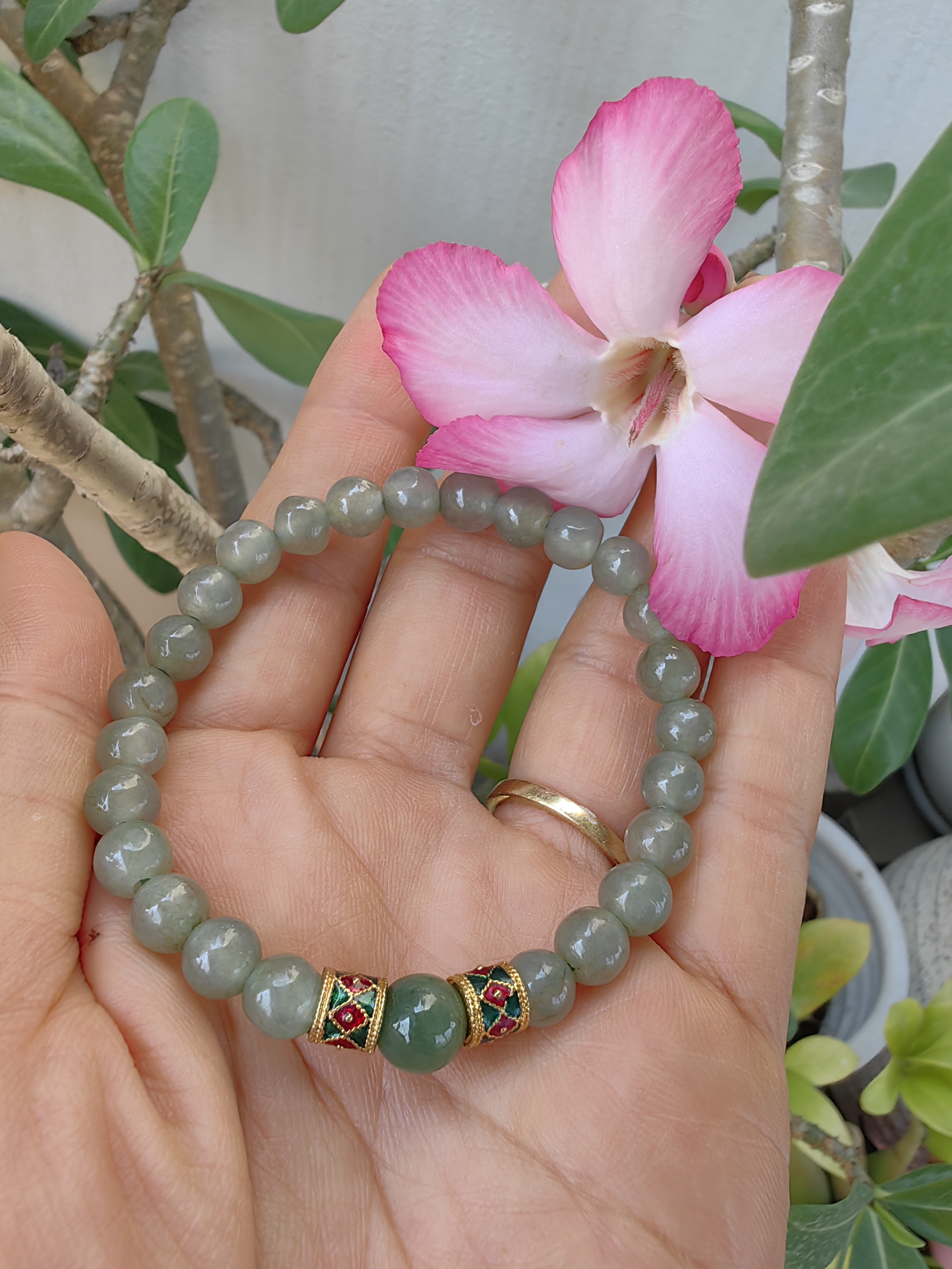 Burmese Jadeite Bracelets Thai Enamel Gold plated 7 mm. สร้อยข้อมือหยกพม่า ลงยาสุโขทัย กลม 7 มม. Free Size