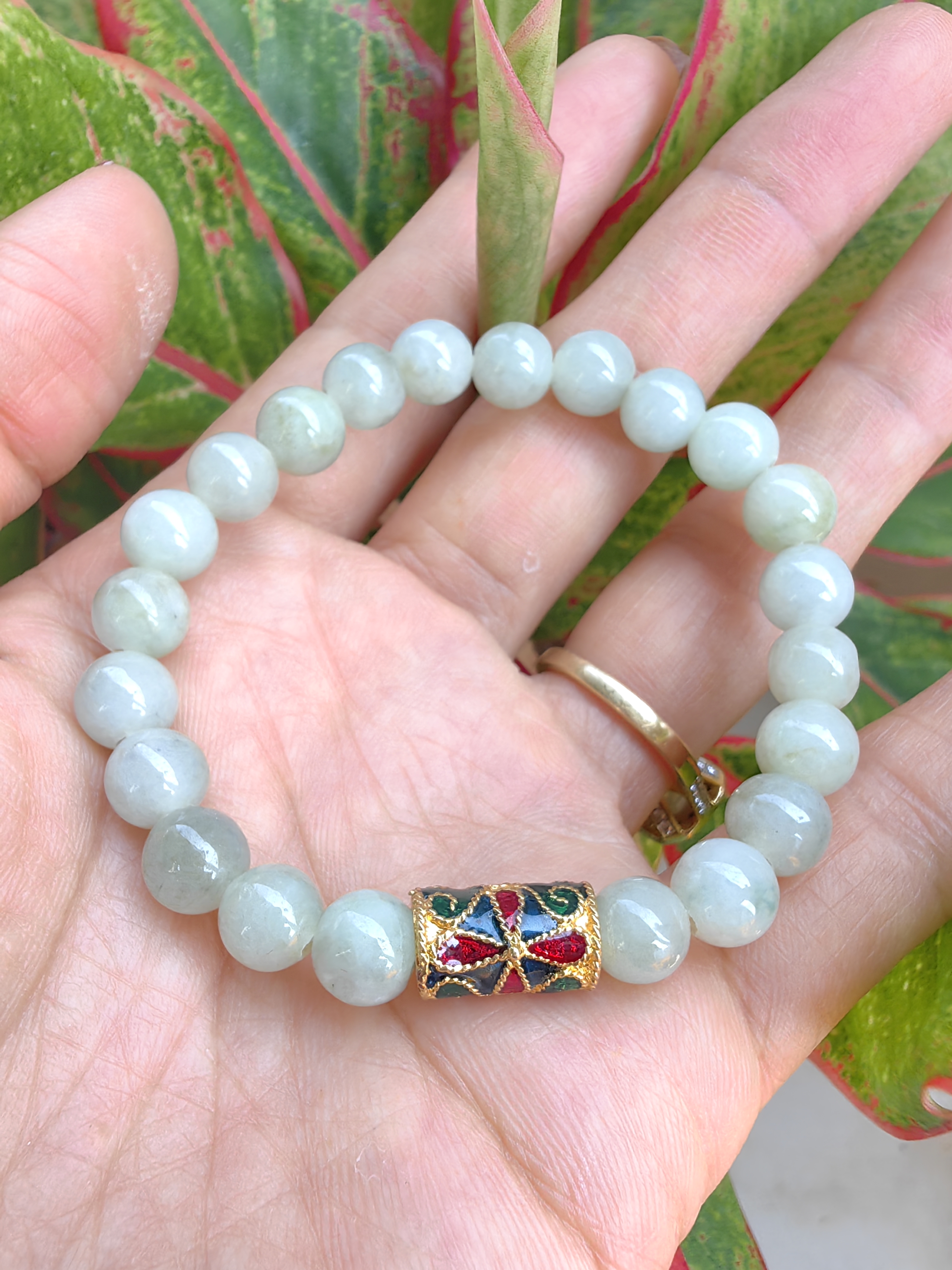 Burmese Jadeite Bracelets Thai Enamel Gold plated 7 mm. สร้อยข้อมือหยกพม่า ลงยาสุโขทัย กลม 7 มม. Free Size