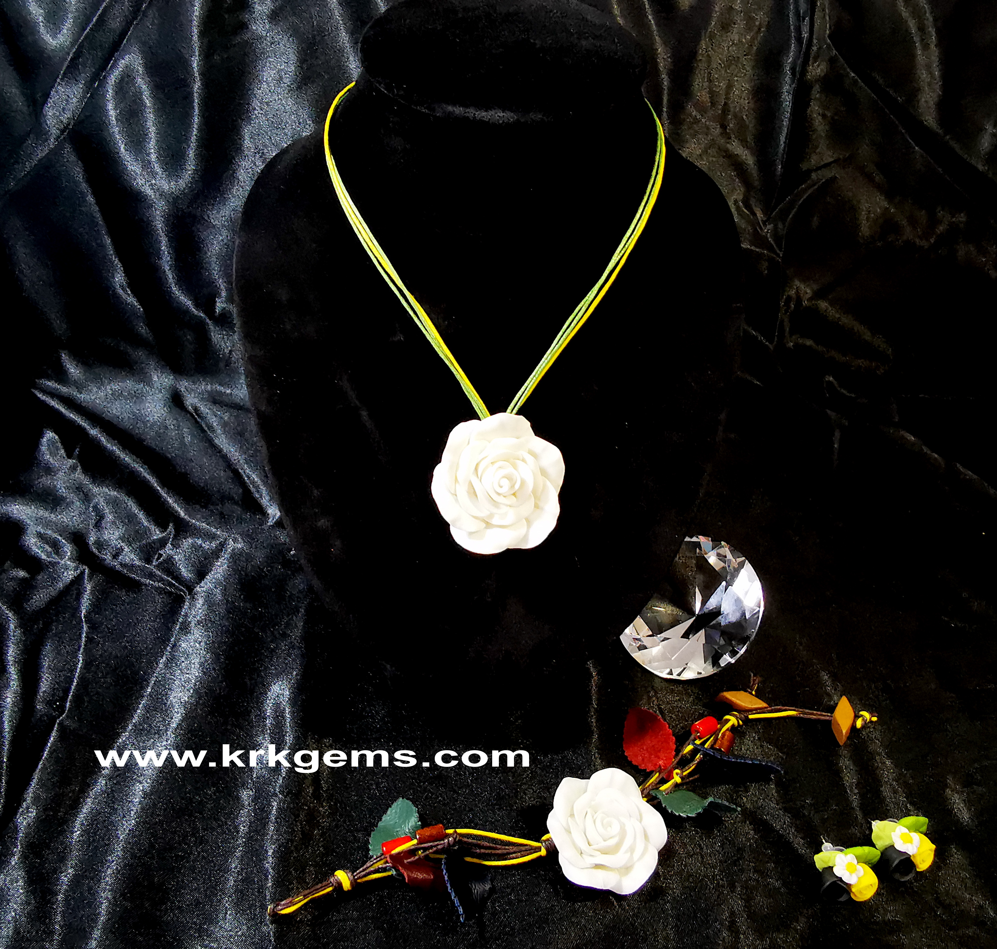 PURE WHITE ROSE HANDMADE CLAY NECKLACE BRACELET EARRING RING SET