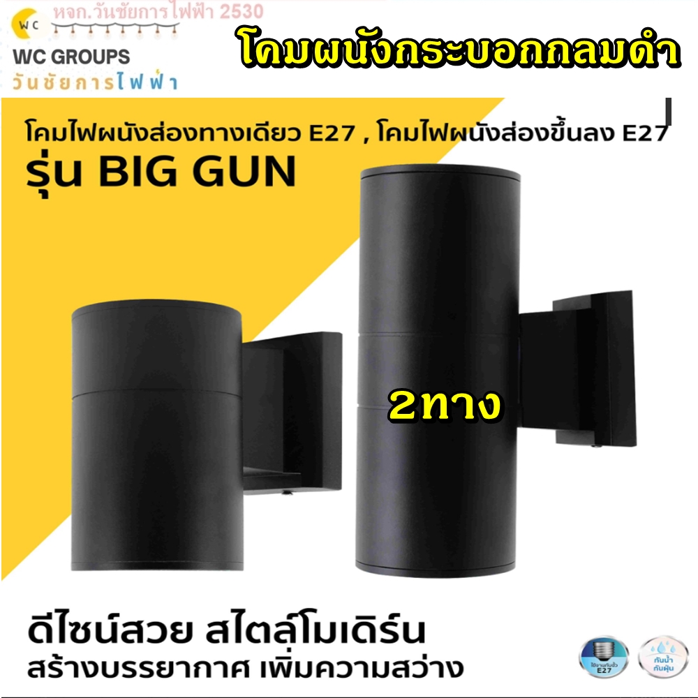 โคมไฟทรงกระบอกกลม ผนังส่องทางเดียว E27 รุ่น BIG GUN ผนังกระบอก ดำ โคมไฟภายนอก ติดผนัง
