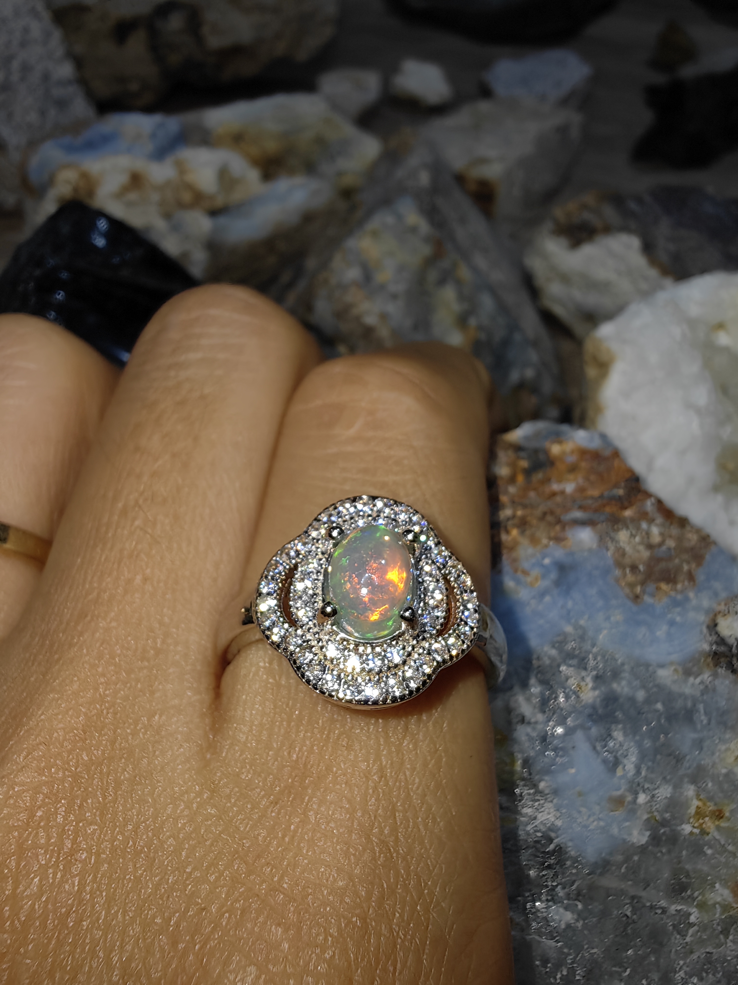 Opal, Swiss Diamond 925 Sterling Silver Ring แหวนโอปอ เพชรสวิส เงินแท้ 925 Size 56