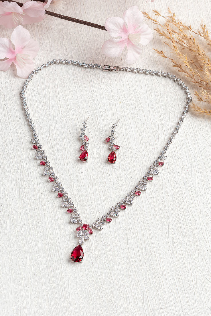 RUBY DIAMOND 18K WHITE GOLD NECKLACE EARRING สร้อยคอ ต่างหู ทับทิม ล้อมเพชร ทอง 18K Pre-order