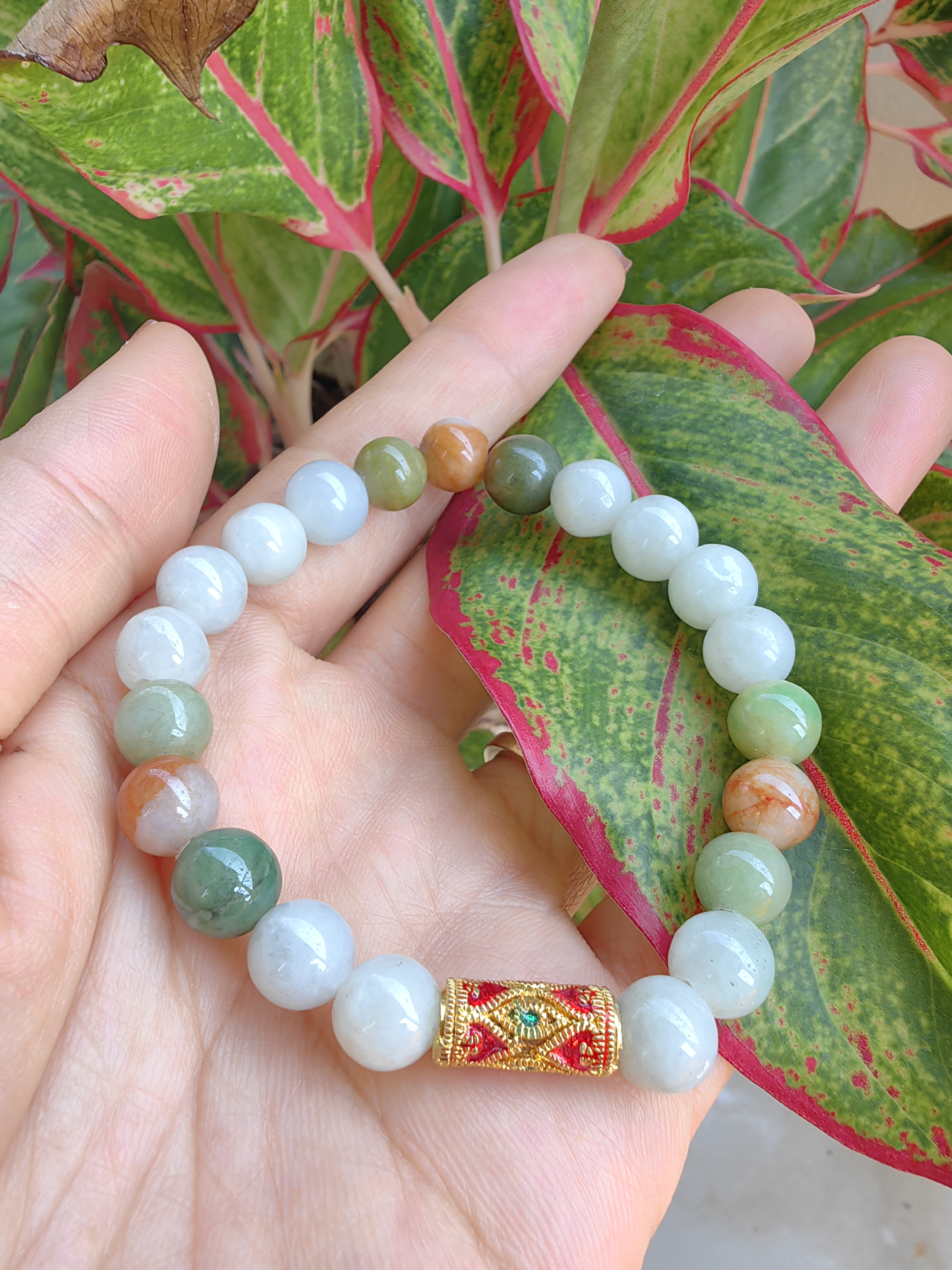 Burmese Jadeite Bracelets Thai Enamel Gold plated 8 mm. สร้อยข้อมือหยกพม่า ลงยาสุโขทัย กลม 8 มม. Free Size