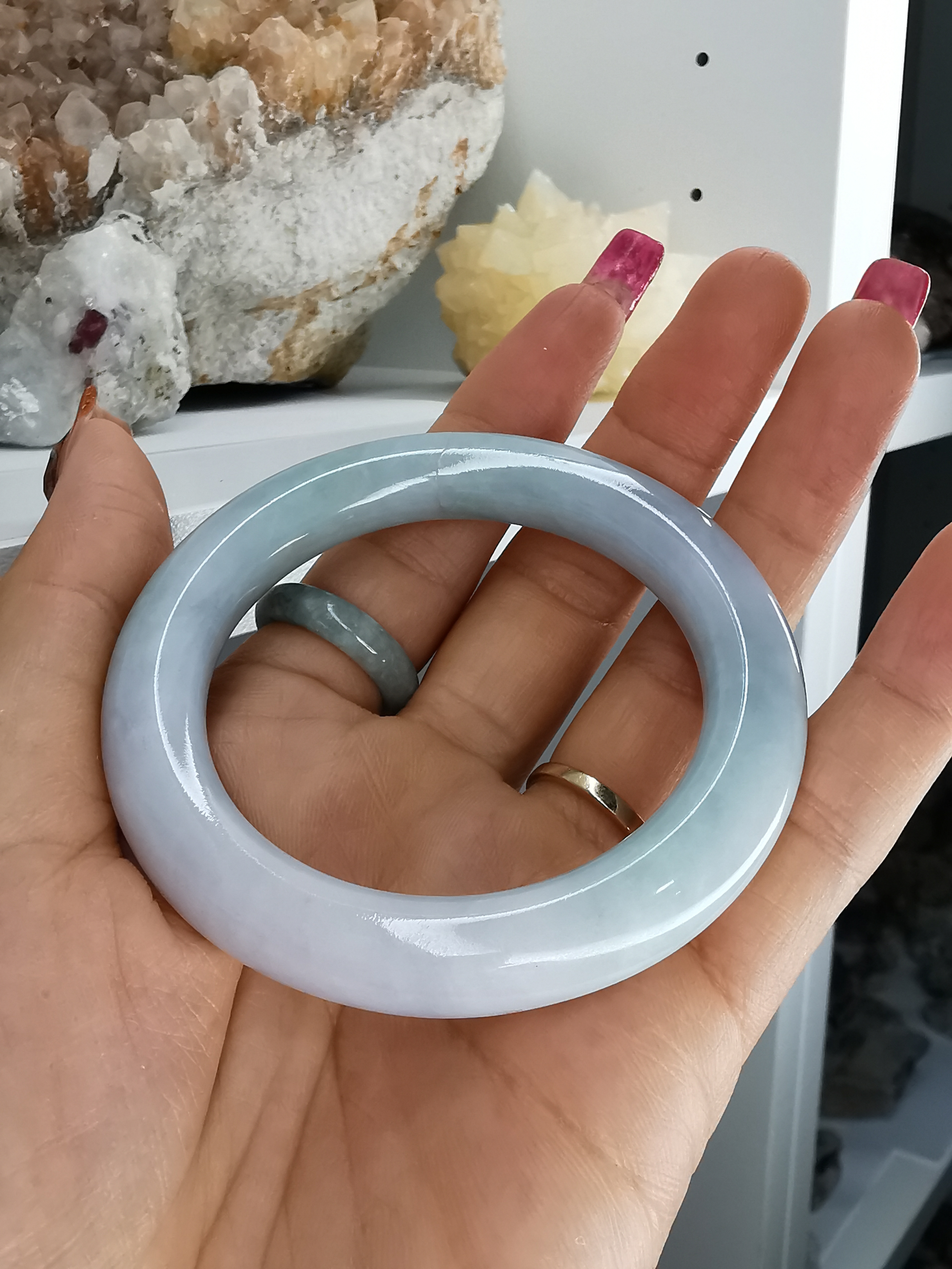 Violet White Green Bangle กำไลหยกเจไดต์แท้ Diameter/ เส้นผ่านศูนย์กลางด้านใน 52 mm.