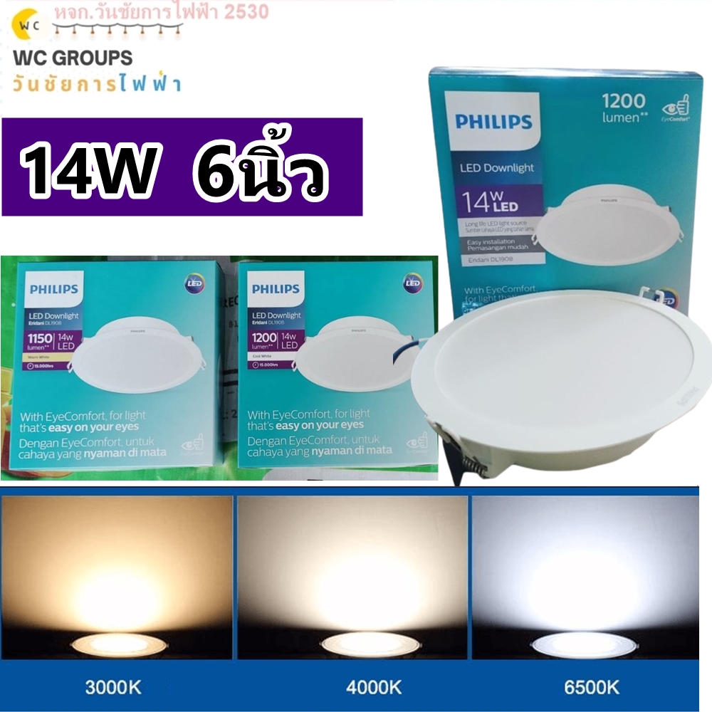 Philips ดาวน์ไลท์ LED ERIDANI DL190B แบบฝังฝ้า 6นิ้ว 14W LED 14W/DL กลม.14วัตต์ EyeComfort แสงขาว/แสงส้ม คลูไวท์