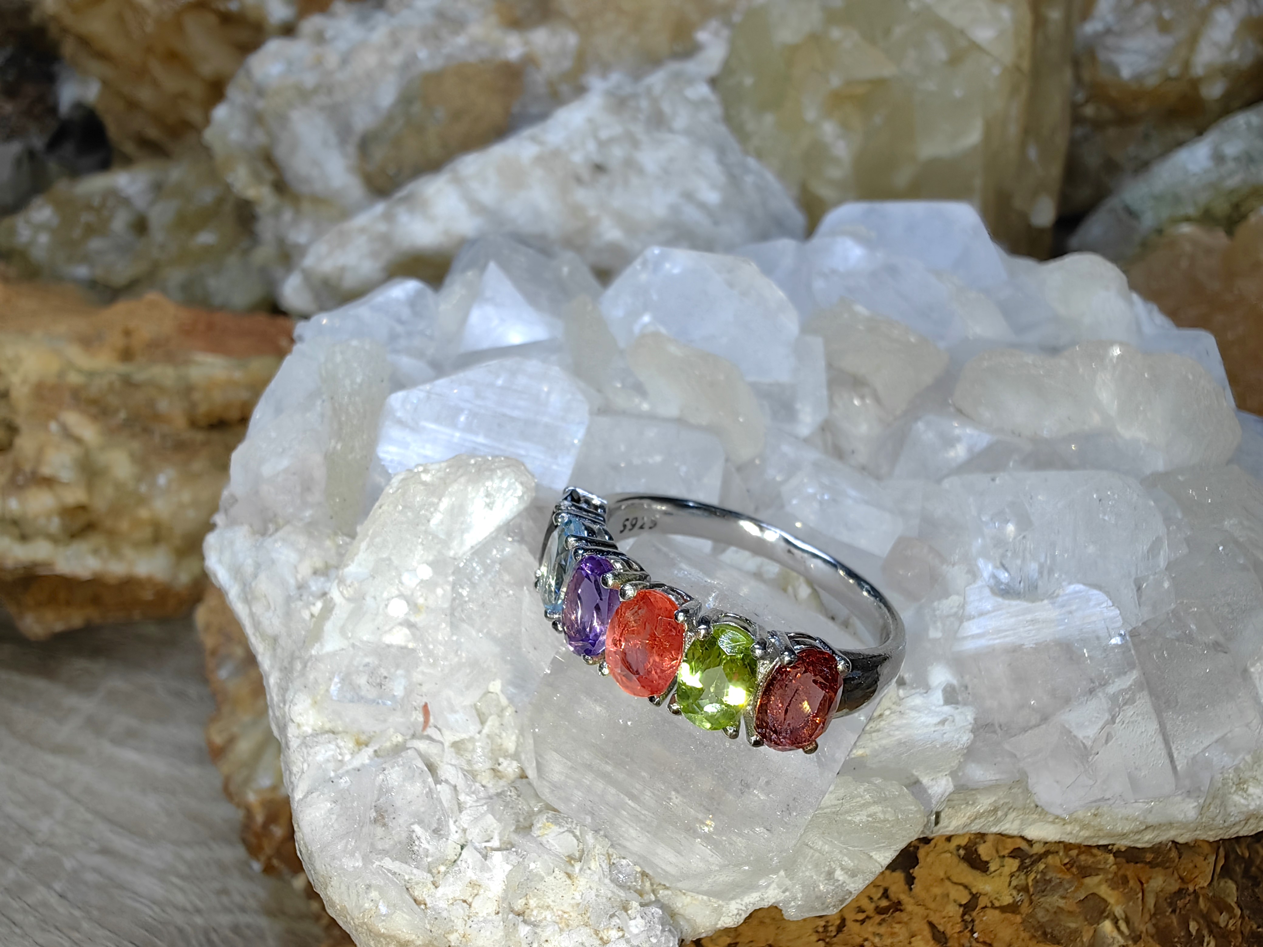 Ruby, Peridot, Tourmaline, Amethyst, Topaz, Smoky Quartz 925 Sterling Silver แหวนทับทิม เพอริดอท ทัวร์มาลีน อเมทิสต์ สโมกกี้ควอตซ์ Size 57 เงินแท้ 925