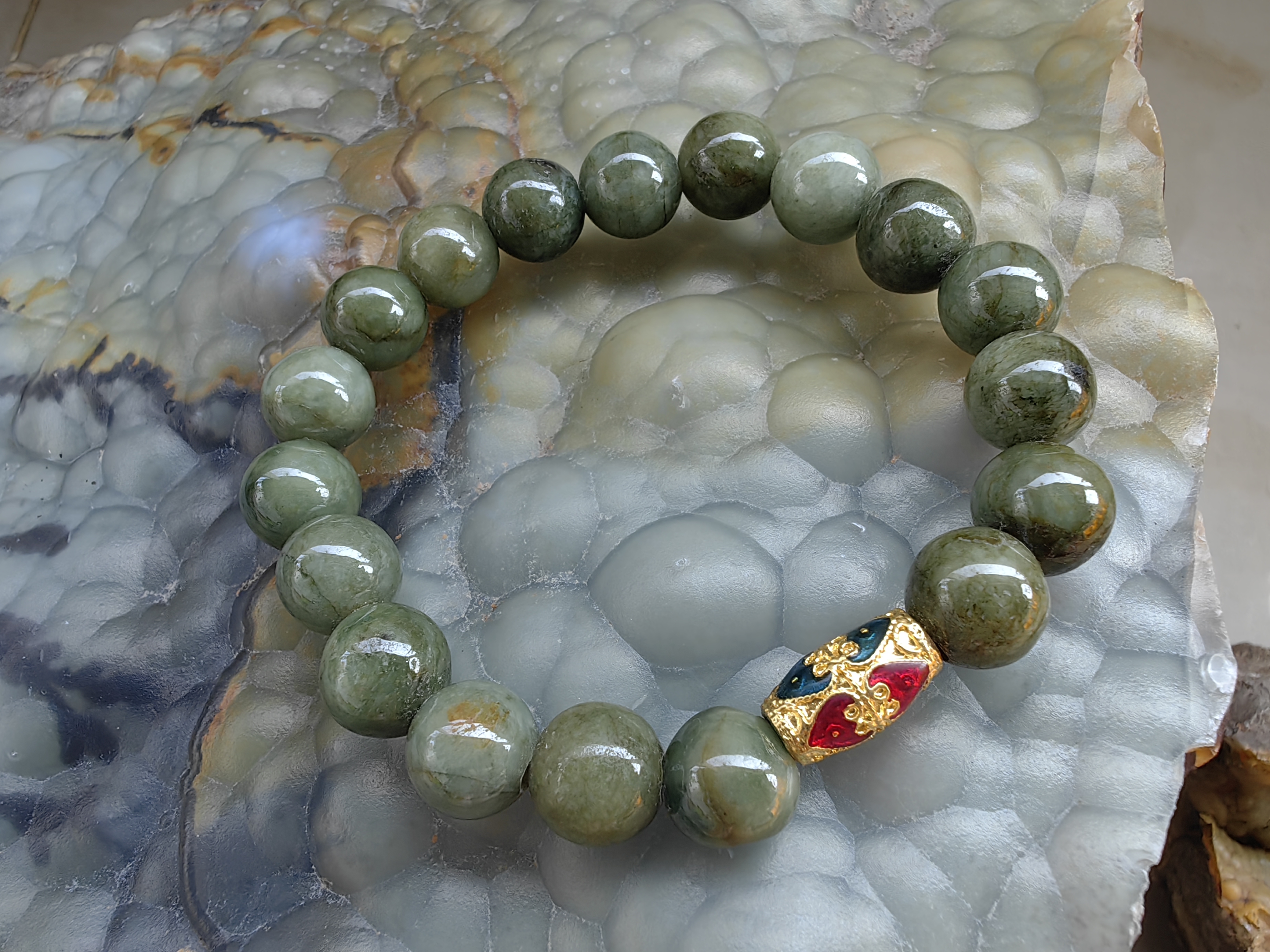 Burmese Jadeite Bracelets Thai Enamel Gold plated 10 mm. สร้อยข้อมือหยกพม่า ลงยาสุโขทัย กลม 10 มม. Free Size