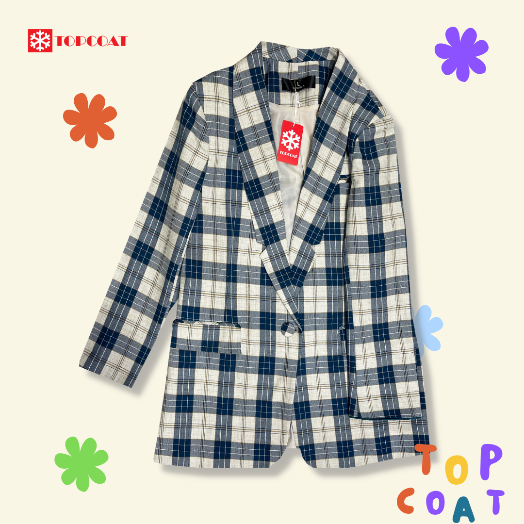 เบลเซอร์หญิง เสื้อสูทลายสก็อต สีฟ้ากรม ปกกล้วยหอม