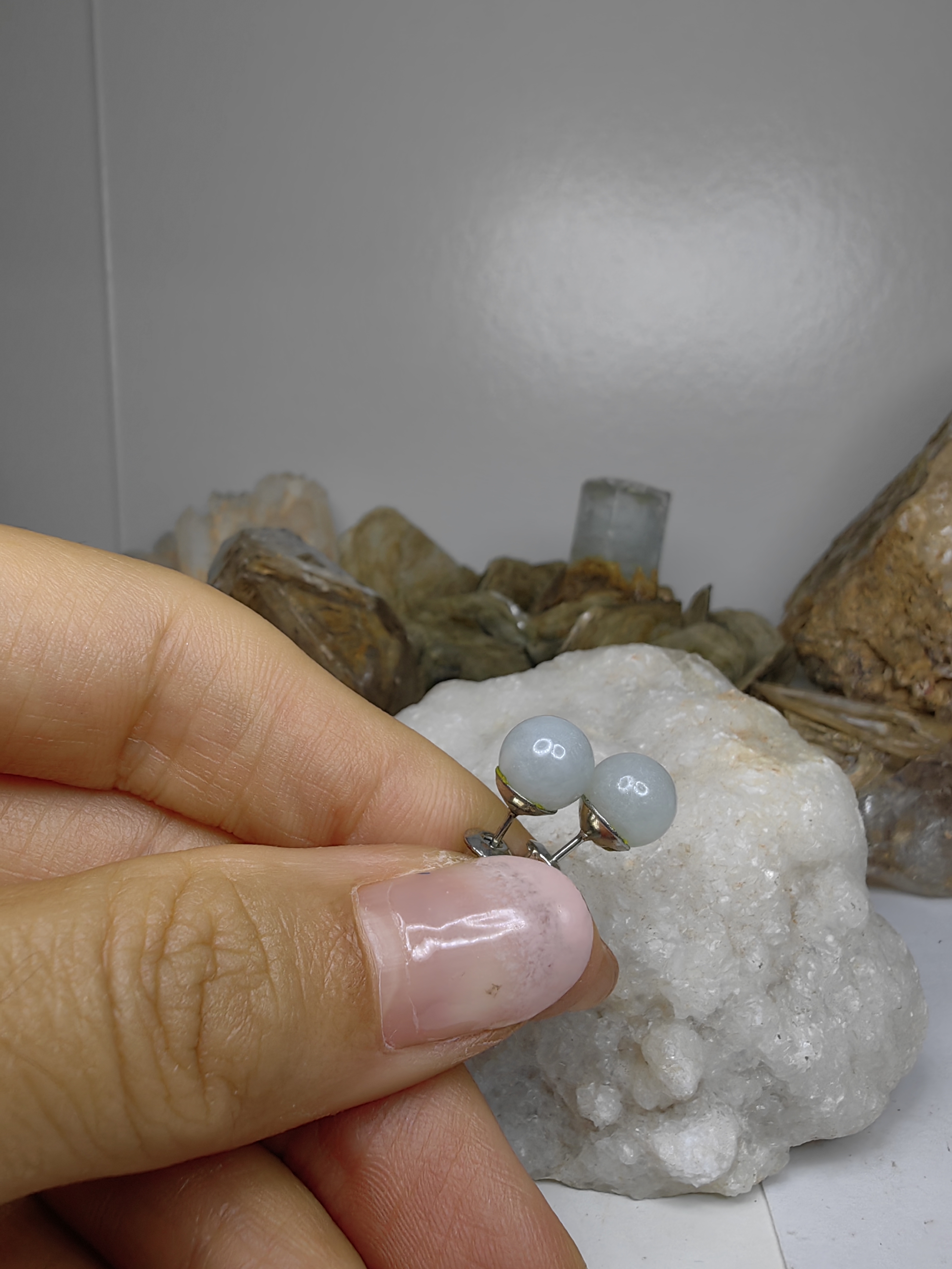 Burmese Earrings Rhodium Plated ต่างหูหยกเจไดต์พม่า ชุบโรเดียม