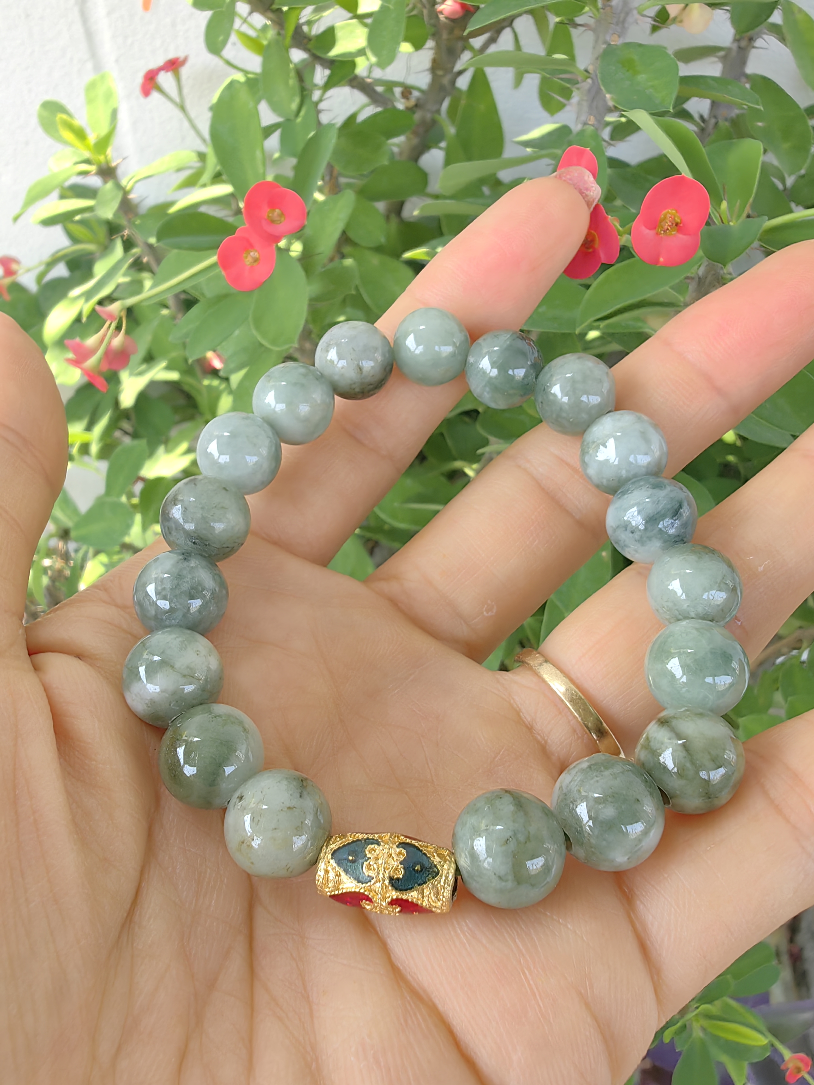 Burmese Jadeite Bracelets Thai Enamel Gold plated 10 mm. สร้อยข้อมือหยกพม่า ลงยาสุโขทัย กลม 10 มม. Free Size