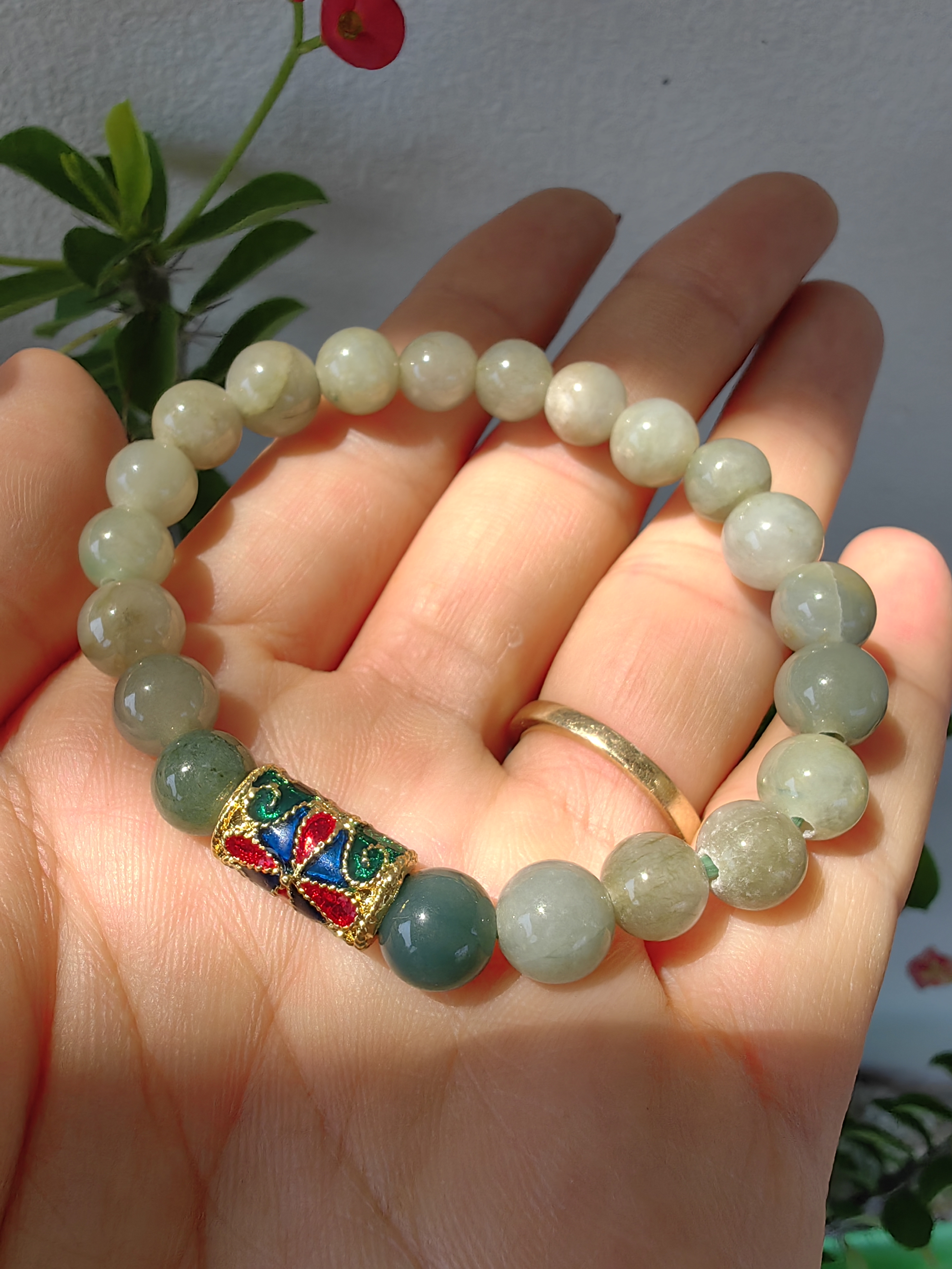 Burmese Jadeite Bracelets Thai Enamel Gold plated 8 mm. สร้อยข้อมือหยกพม่า ลงยาสุโขทัย กลม 8 มม. Free Size