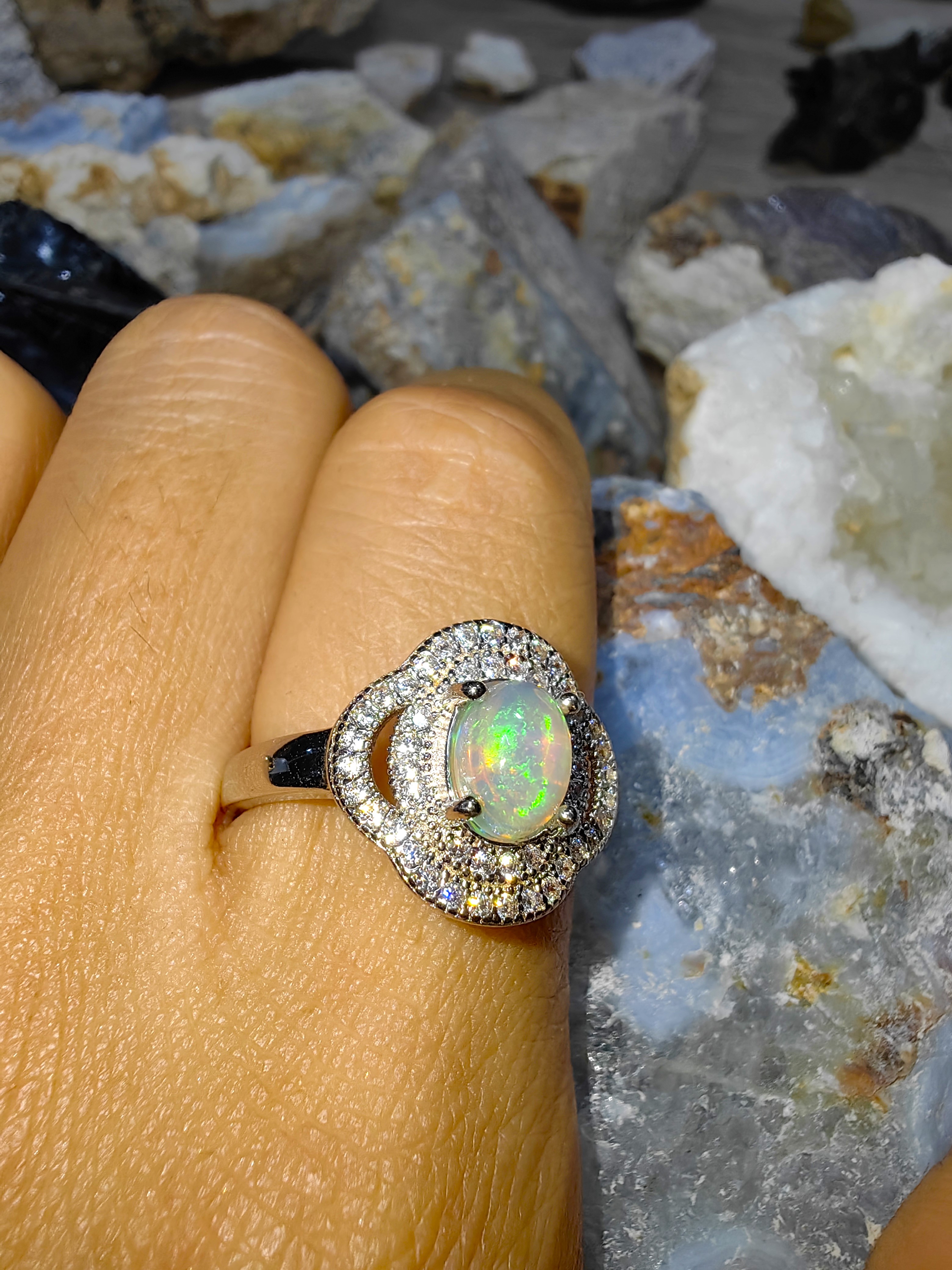 Opal, Swiss Diamond 925 Sterling Silver Ring แหวนโอปอ เพชรสวิส เงินแท้ 925 Size 56