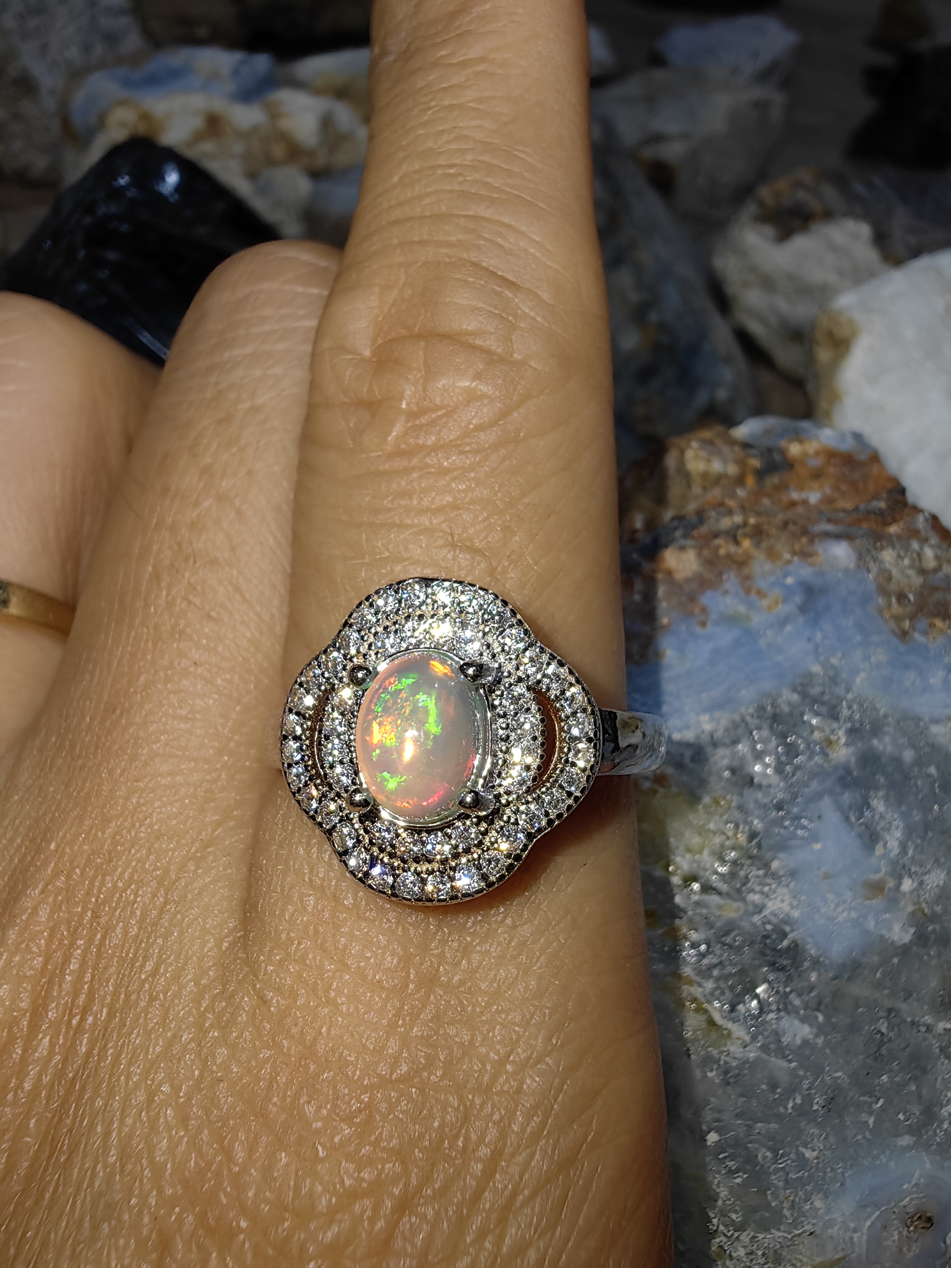 Opal, Swiss Diamond 925 Sterling Silver Ring แหวนโอปอ เพชรสวิส เงินแท้ 925 Size 56