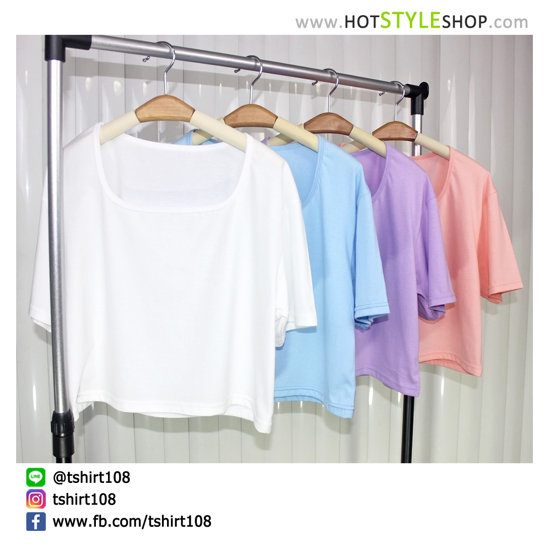 เสื้อครอปคอเหลี่ยม แขนสั้น สีพาสเทล