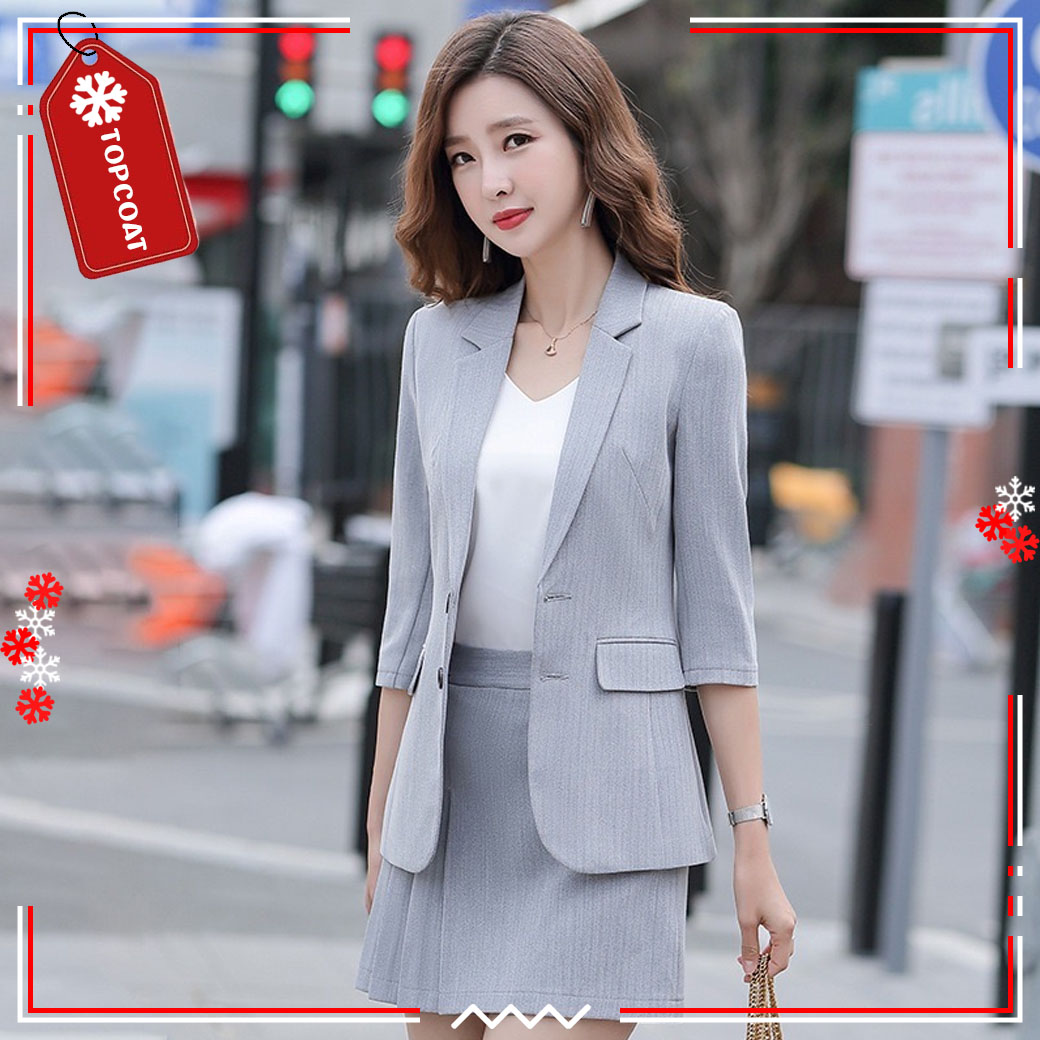 ชุดเซ็ตสูทผู้หญิงใส่ทำงาน ใส่ได้หลายโอกาศ ระบายอากาศได้ดี เทา โอรส