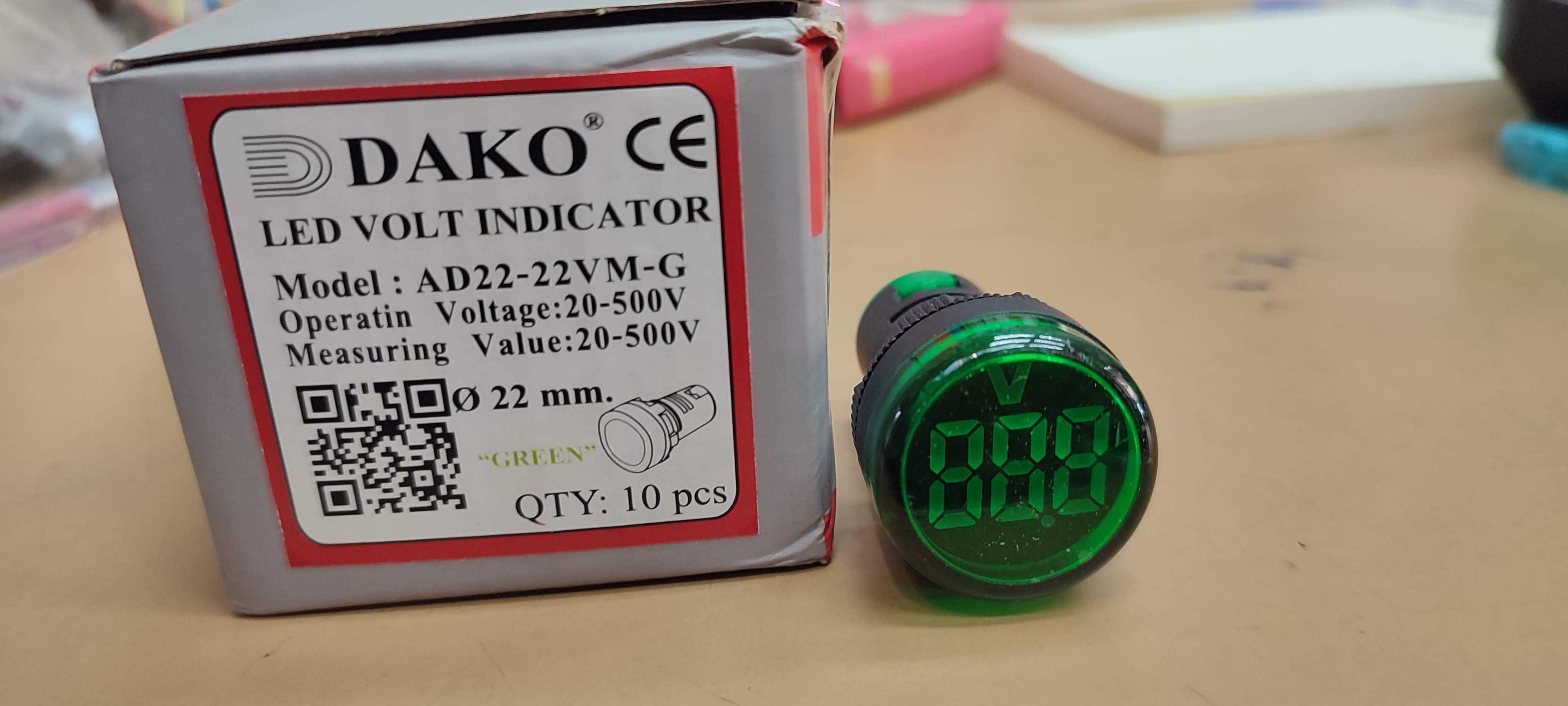 ไฟโชว์สถานะหน้าตู้ไฟ มีโวลล์ Volt meter 22mm LED Digital Display แสดงค่าโวลท์ ยี่ห้อ DAKO Voltmeter Digital Volt Pilot lamp