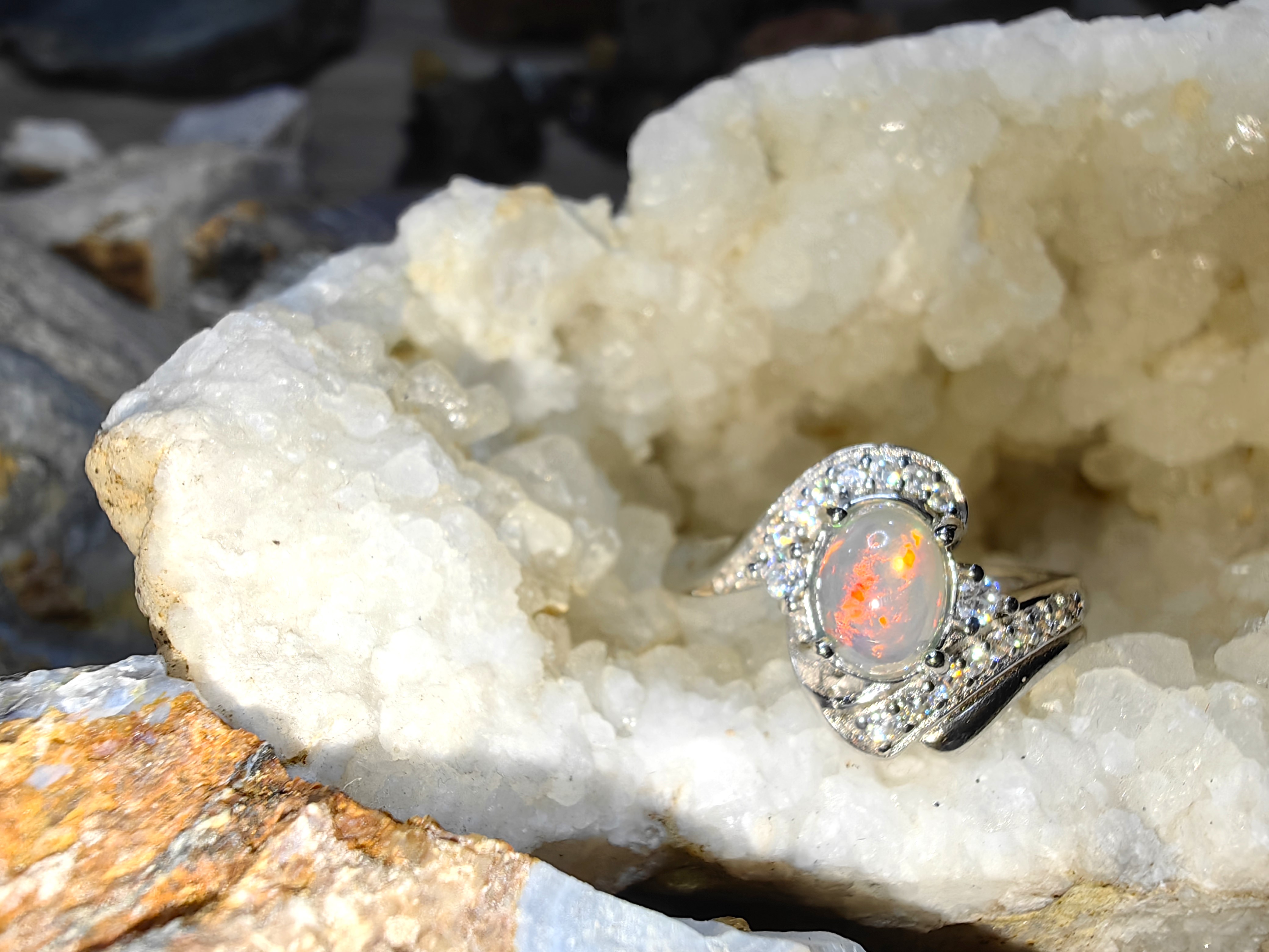 Opal, Swiss Diamond 925 Sterling Silver Ring แหวนโอปอ เพชรสวิส เงินแท้ 925 Size 54
