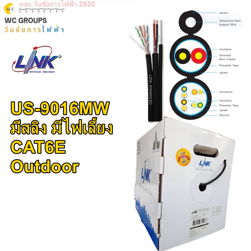 LINK สายแลน CAT6E Outdoor US-9106MW 100เมตร มีสลิง + มีไฟเลี้ยง UTP PE w/Drop Wire & Power Wire Cable