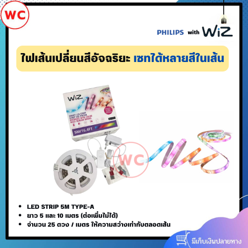 WiZ ไฟเส้นเปลี่ยนสีอัจฉริยะ ขนาด 5 และ 10 เมตร (ต่อเพิ่มไม่ได้) สายเคลือบด้วย PU ติดตั้งง่ายด้วยเทปกาวไม่ทำลายพื้นหลัง