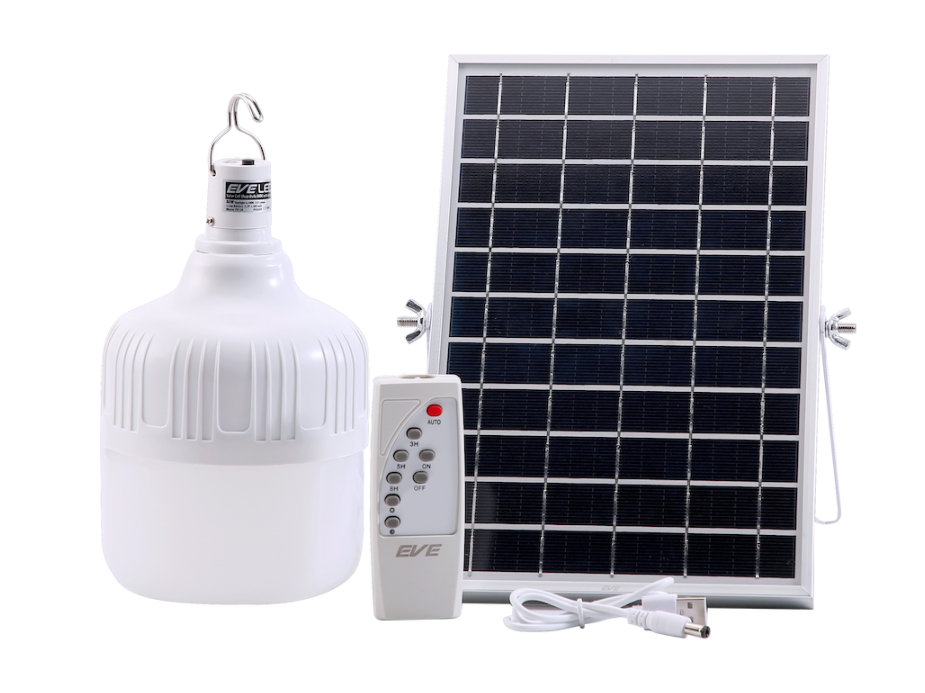 EVE หลอดไฟโซล่าร์เซลล์ พร้อมแผงโซล่าร์แยก ความยาวสาย 5 เมตร LED Bulb SolarCell 80W หลอดไฟSOLARลูกตุ้ม