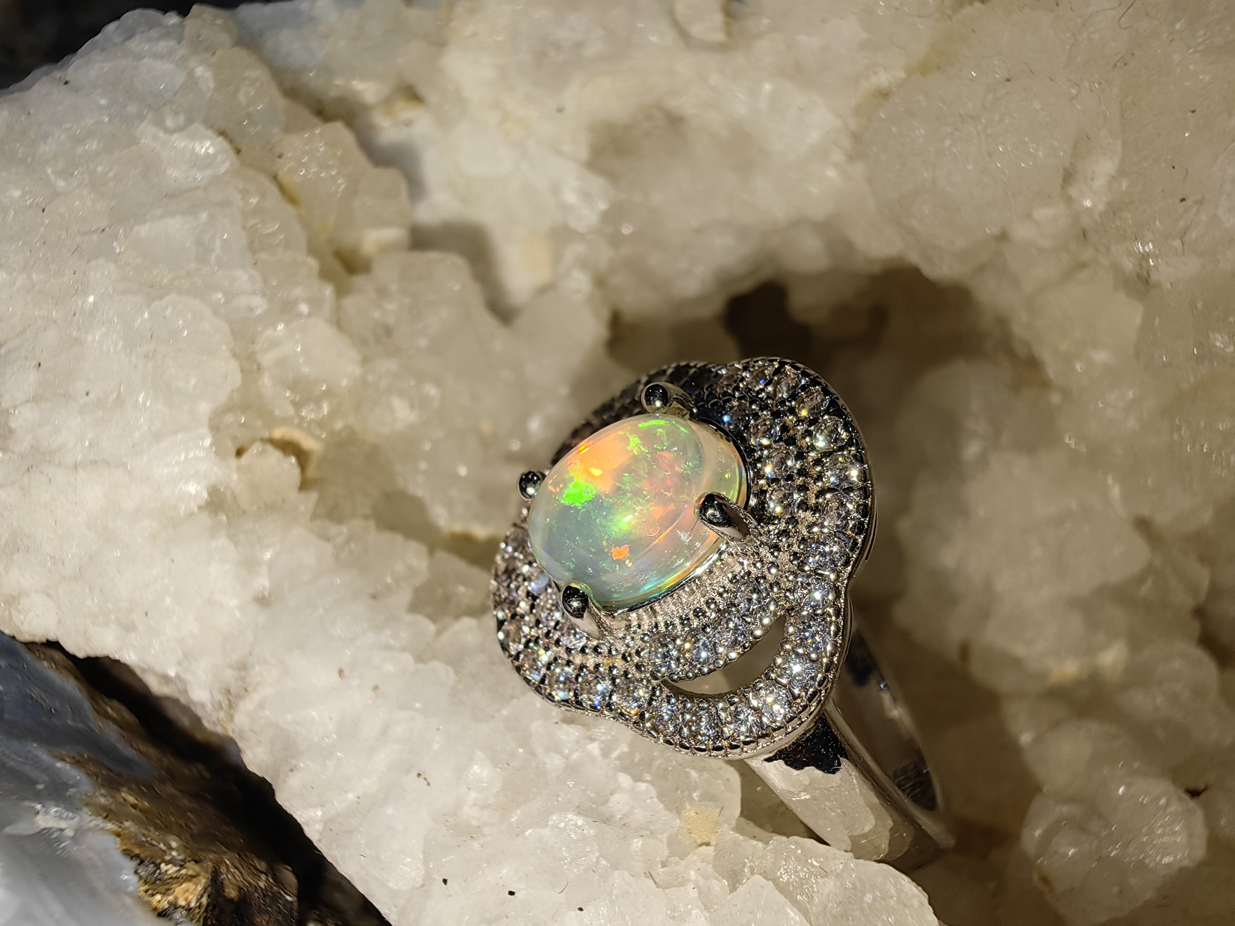 Opal, Swiss Diamond 925 Sterling Silver Ring แหวนโอปอ เพชรสวิส เงินแท้ 925 Size 56
