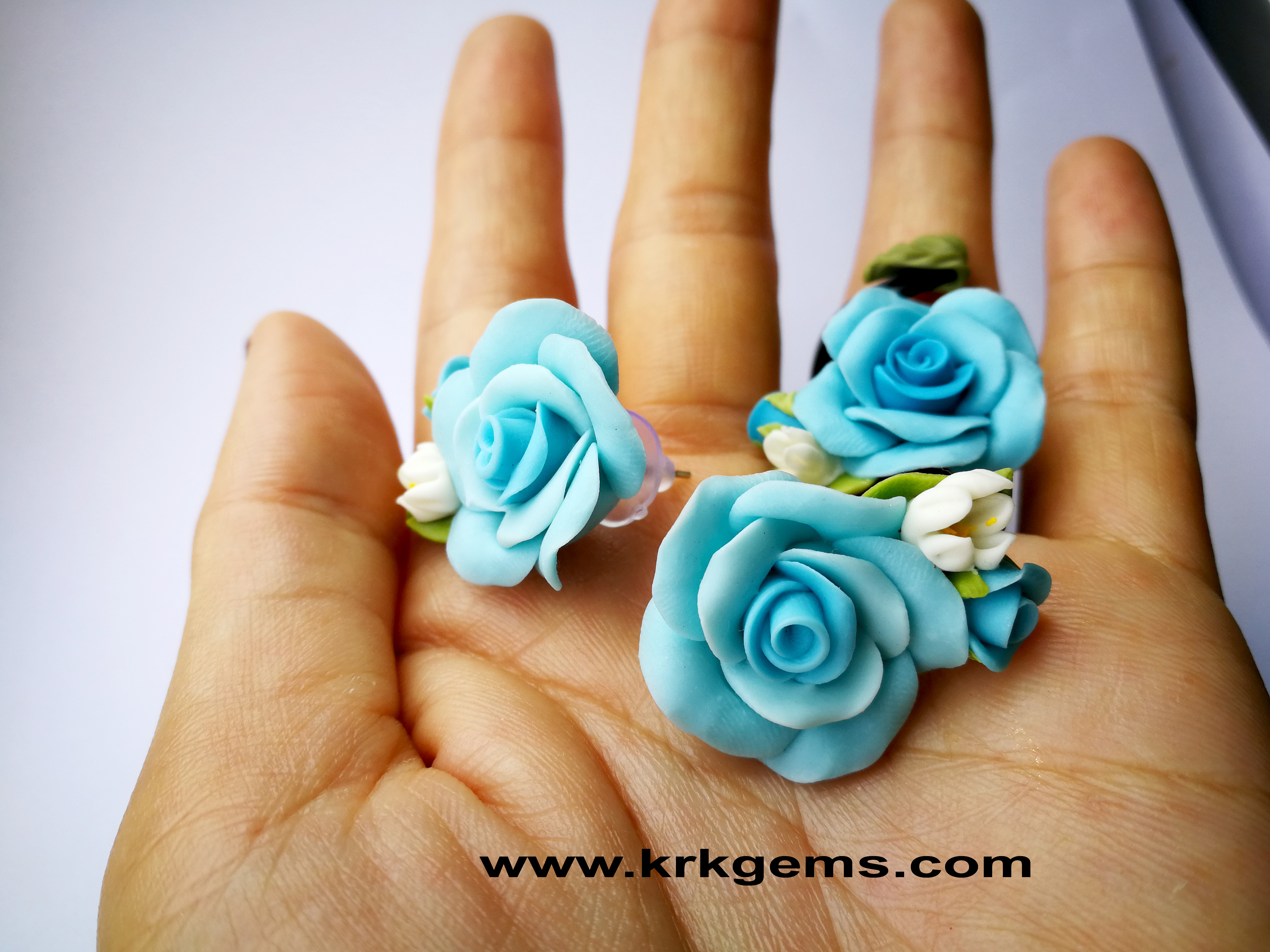 PASTEL BLUE ROSE HANDMADE CLAY NECKLACE BRACELET EARRING RING