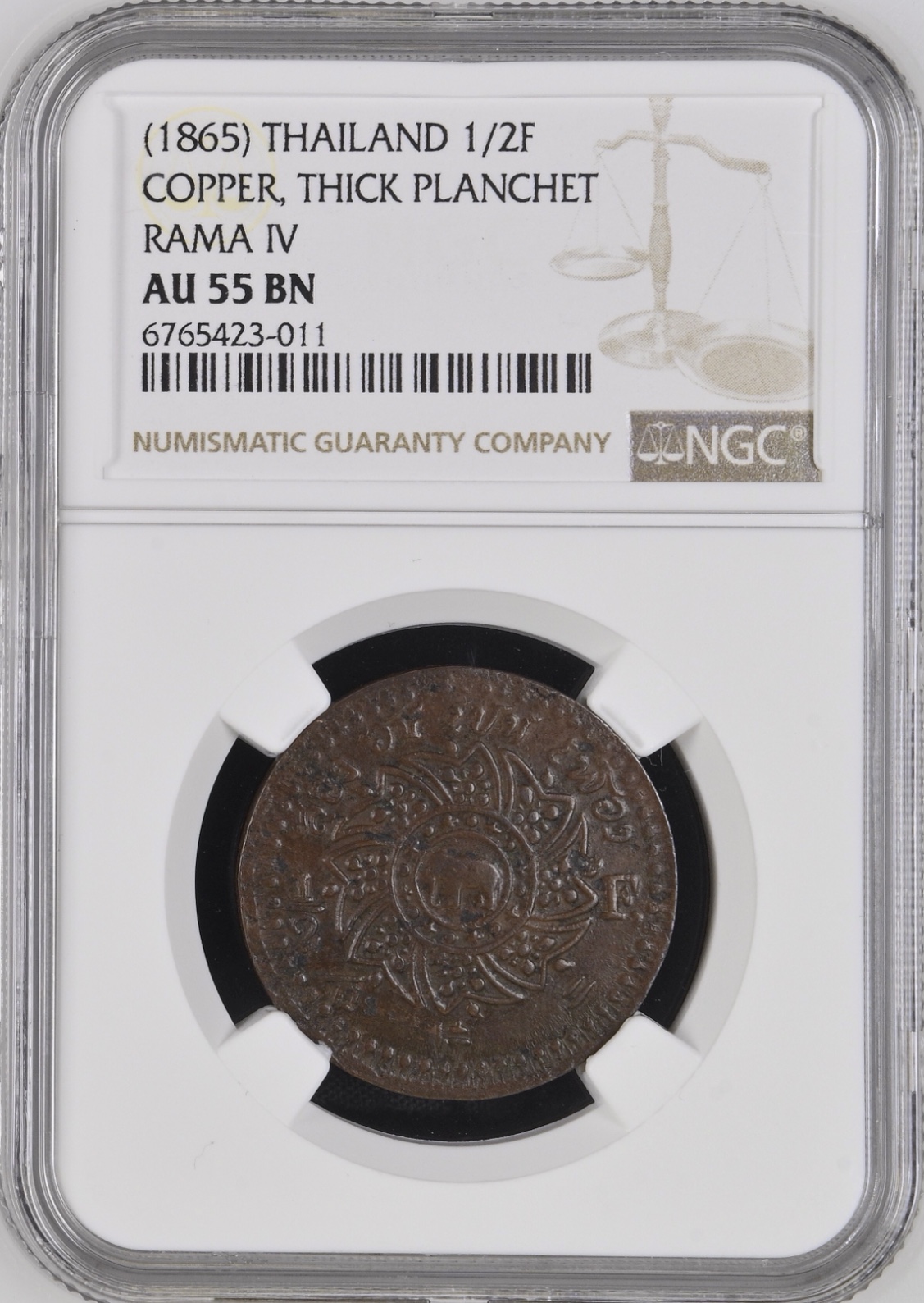 King Rama IV Crown-Elephant in Chakra (Thick) Coppr Coins B.E. 2408 (1865) เหรียญกษาปณ์ทองแดง พระมหามงกุฎ-ช้างในพระแสงจักร (แบบหนา) พ.ศ. ๒๔๐๘ Phra Maha Mongkut - Elephant in the Phra Saeng Chakra coin (thick type) 1865