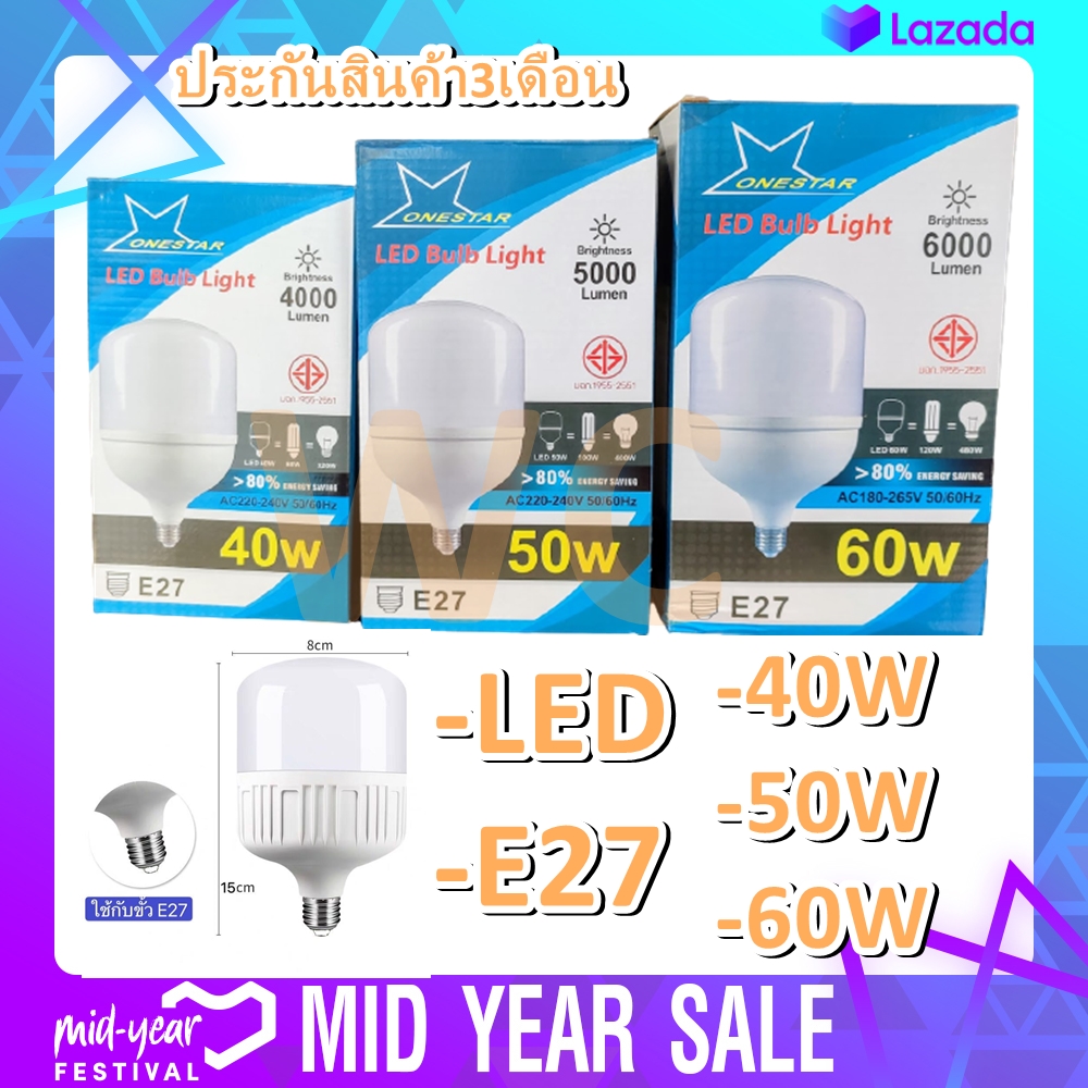 หลอดไฟ LED HIWATT หลอดไฟจั้มโบ้ LED 40W 50W 60W หลอดไฟขั้วเกลียว E27 สว่างมาก กันน้ำ แสงสีขาว