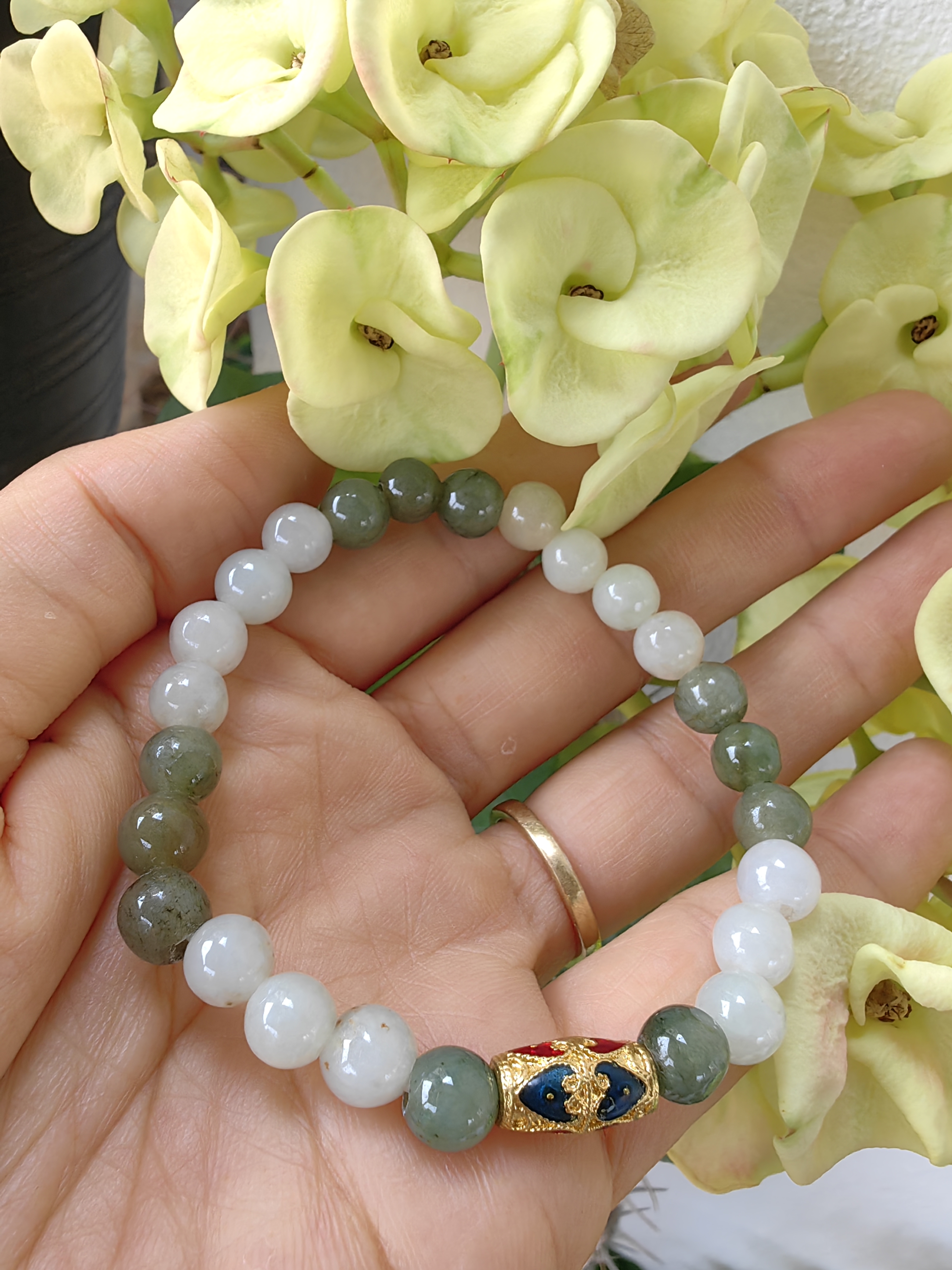 Burmese Jadeite Bracelets Thai Enamel Gold plated 7 mm. สร้อยข้อมือหยกพม่า ลงยาสุโขทัย กลม 7 มม. Free Size