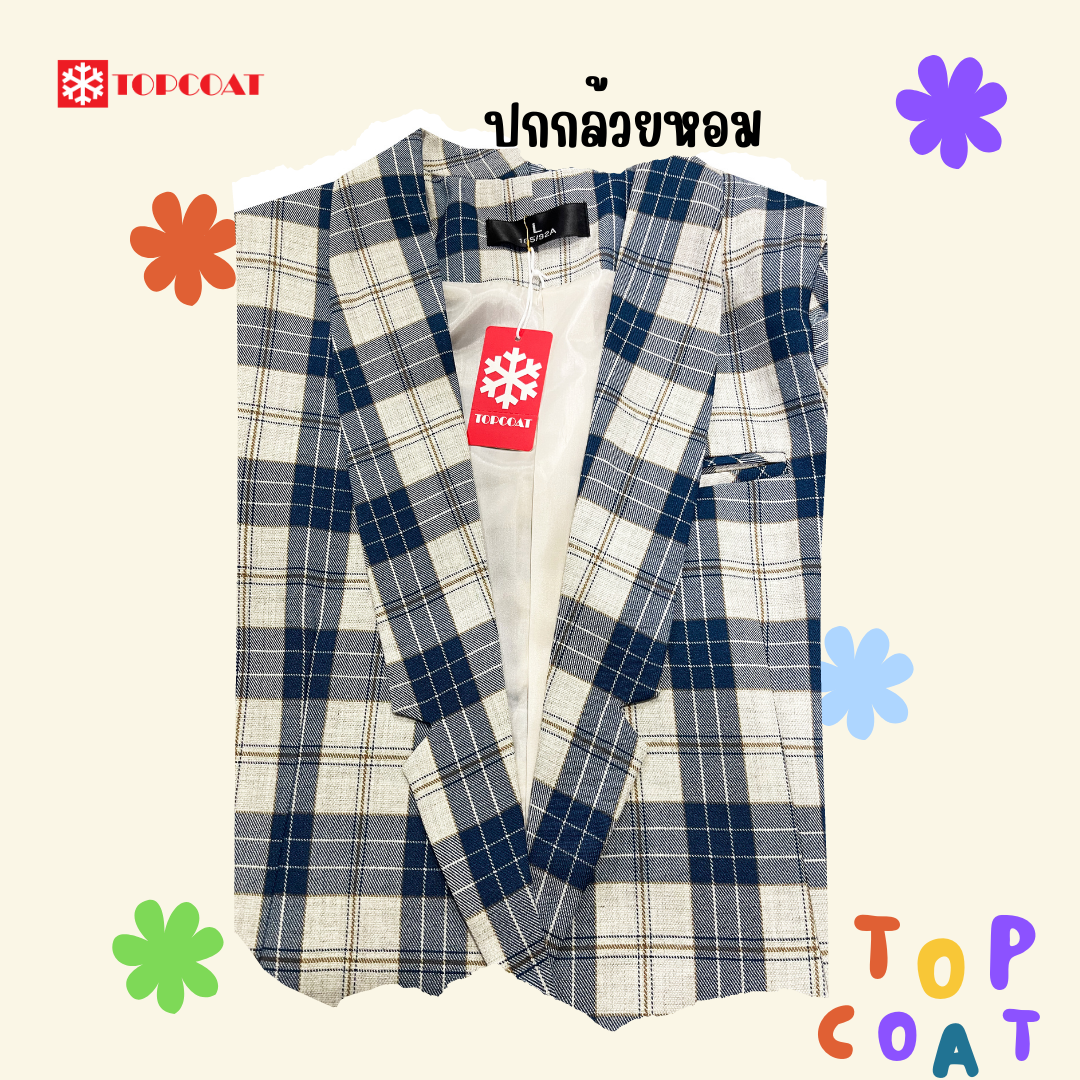 เบลเซอร์หญิง เสื้อสูทลายสก็อต สีฟ้ากรม ปกกล้วยหอม